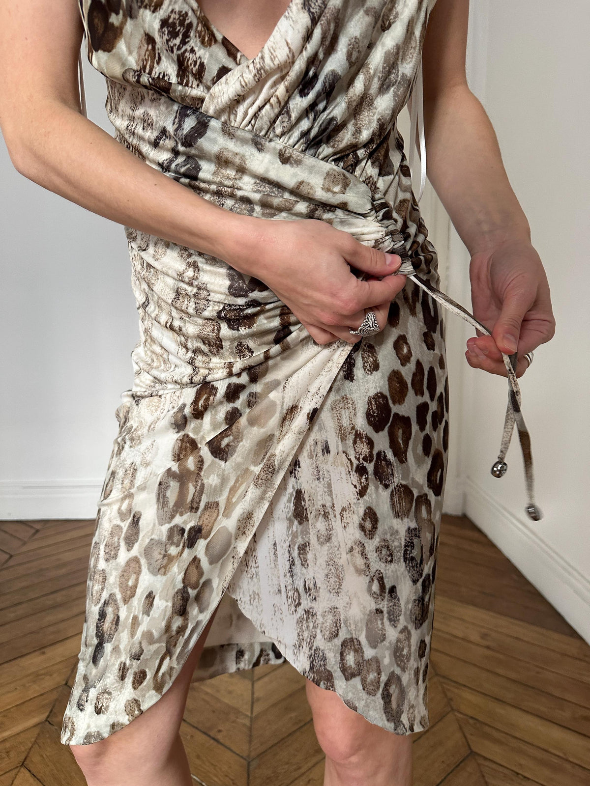 Vintage Roberto Cavalli Leopard Print Wrap Dress in Beige