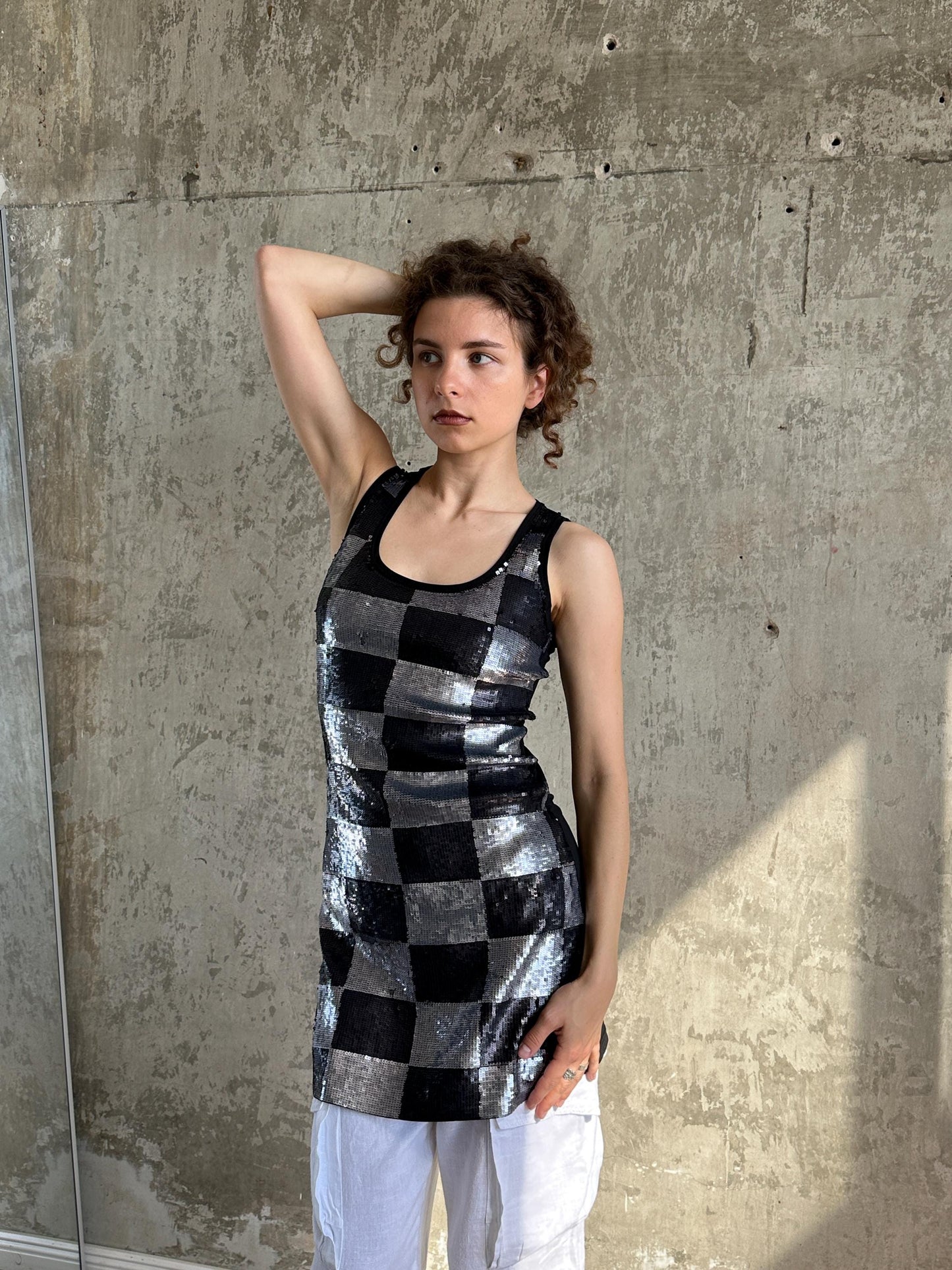 Vintage Silver Black Checkerboard Sequin Mini Dress