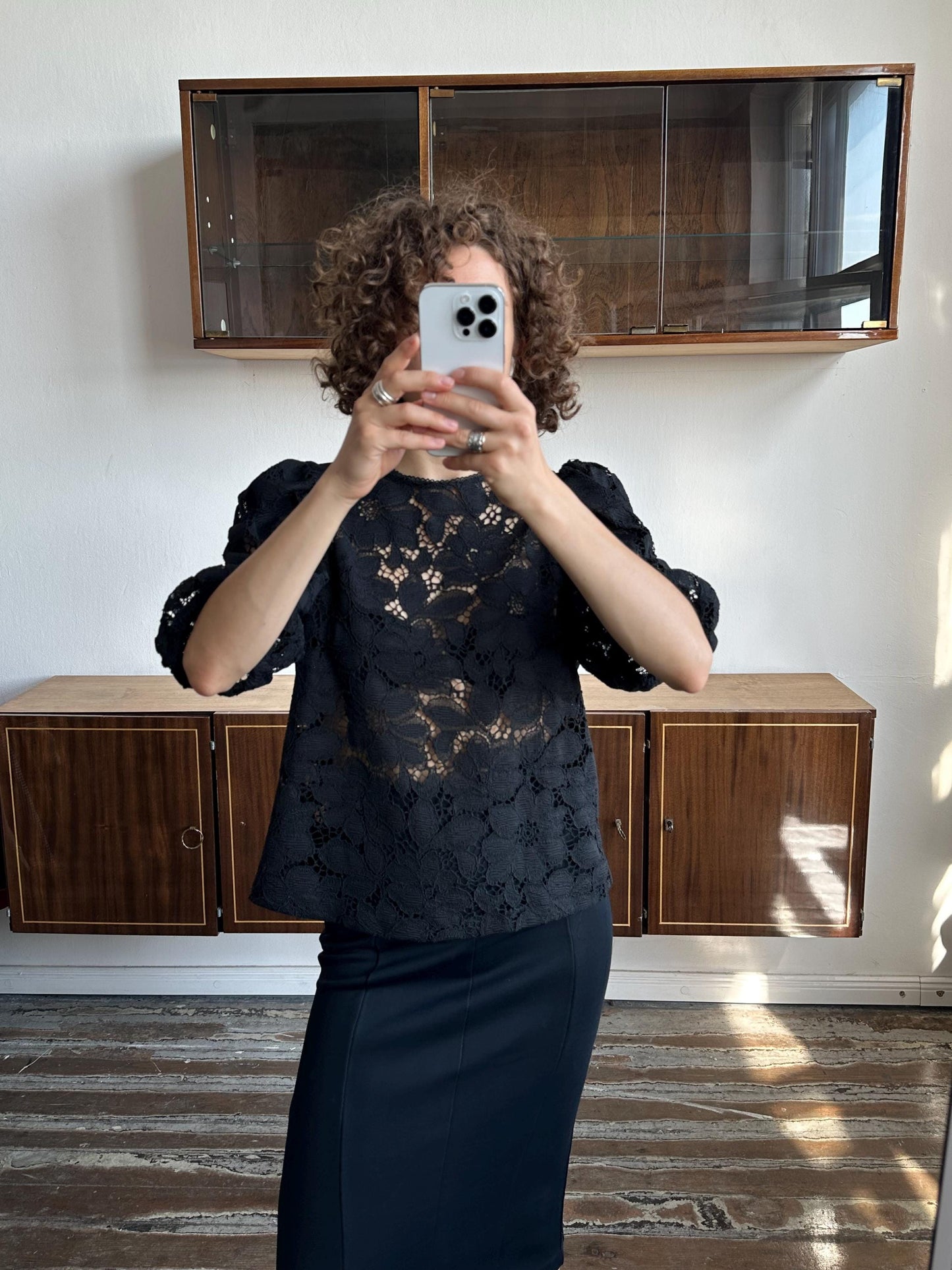 Vintage 80s women black lace blouse, sheer button-down blouse, transparent top