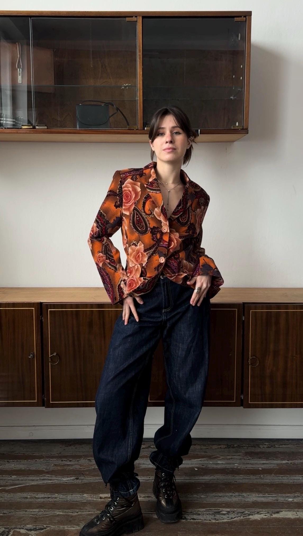 Vintage 90s Women Velvet Blazer In Orange & Brown