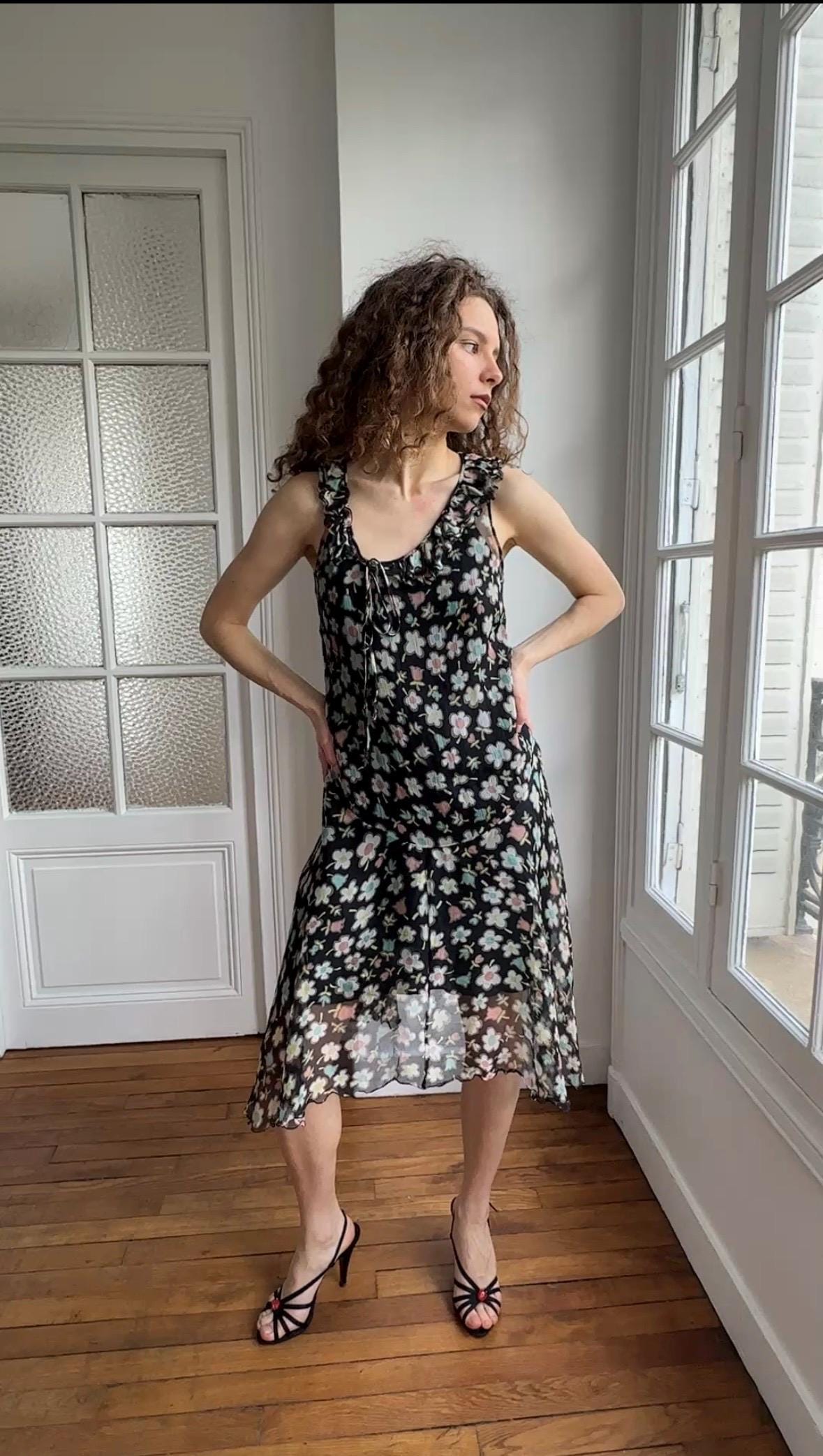Moschino Cheap and Chic Black Floral Chiffon Midi Dress
