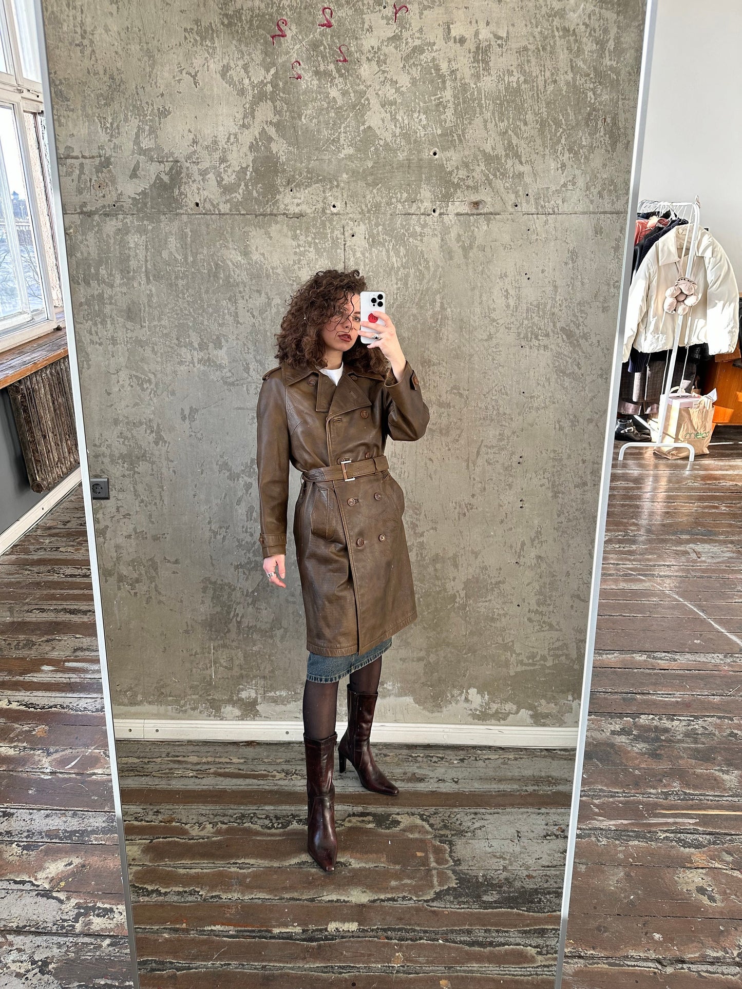 Vintage 90s genuine leather coat in brown, belted coat