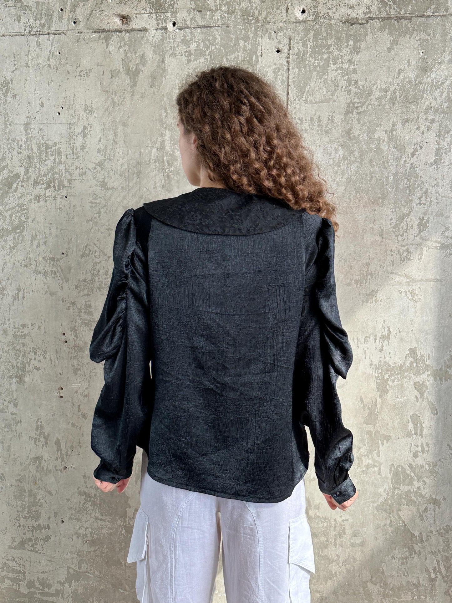 Vintage Black Puff Sleeve Romantic Draped Blouse