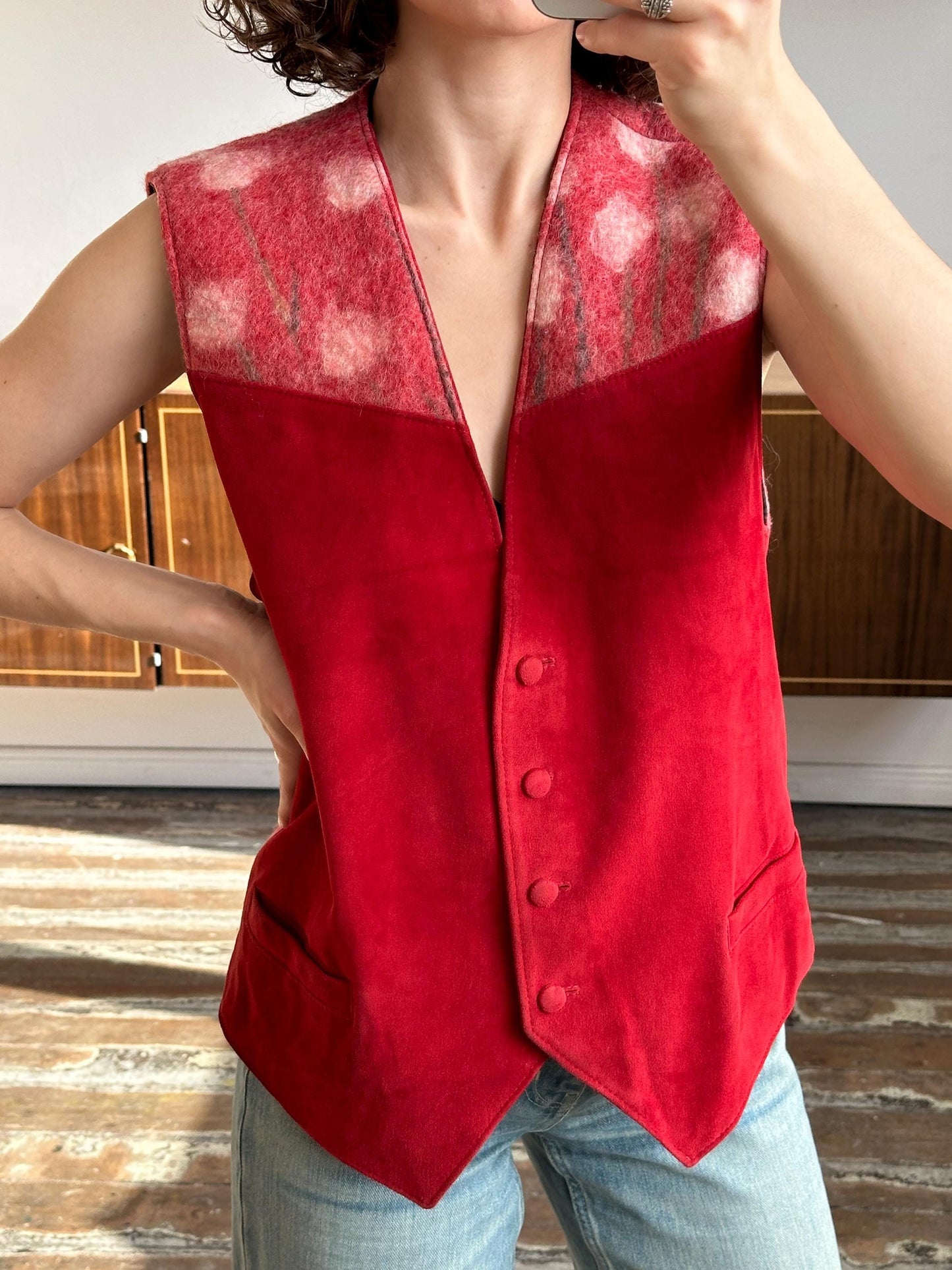 Vintage insulated leather vest in red, leather waistcoat