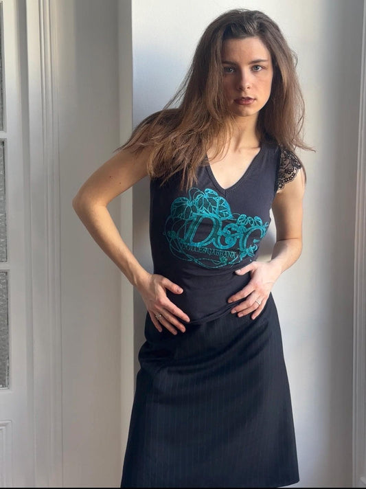 Vintage D&G Black Graphic Ruffled Lace Trim Top