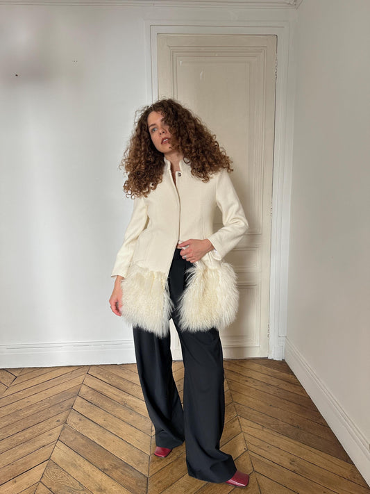 Vintage Boucle Mongolian Fur Hem Coat in Cream