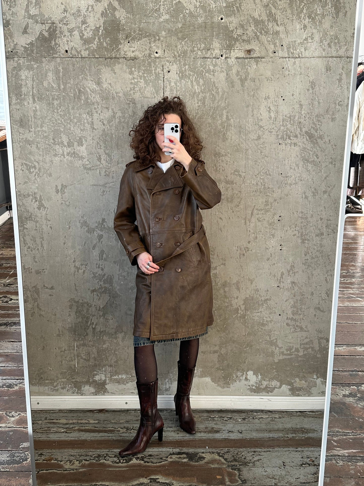 Vintage 90s genuine leather coat in brown, belted coat