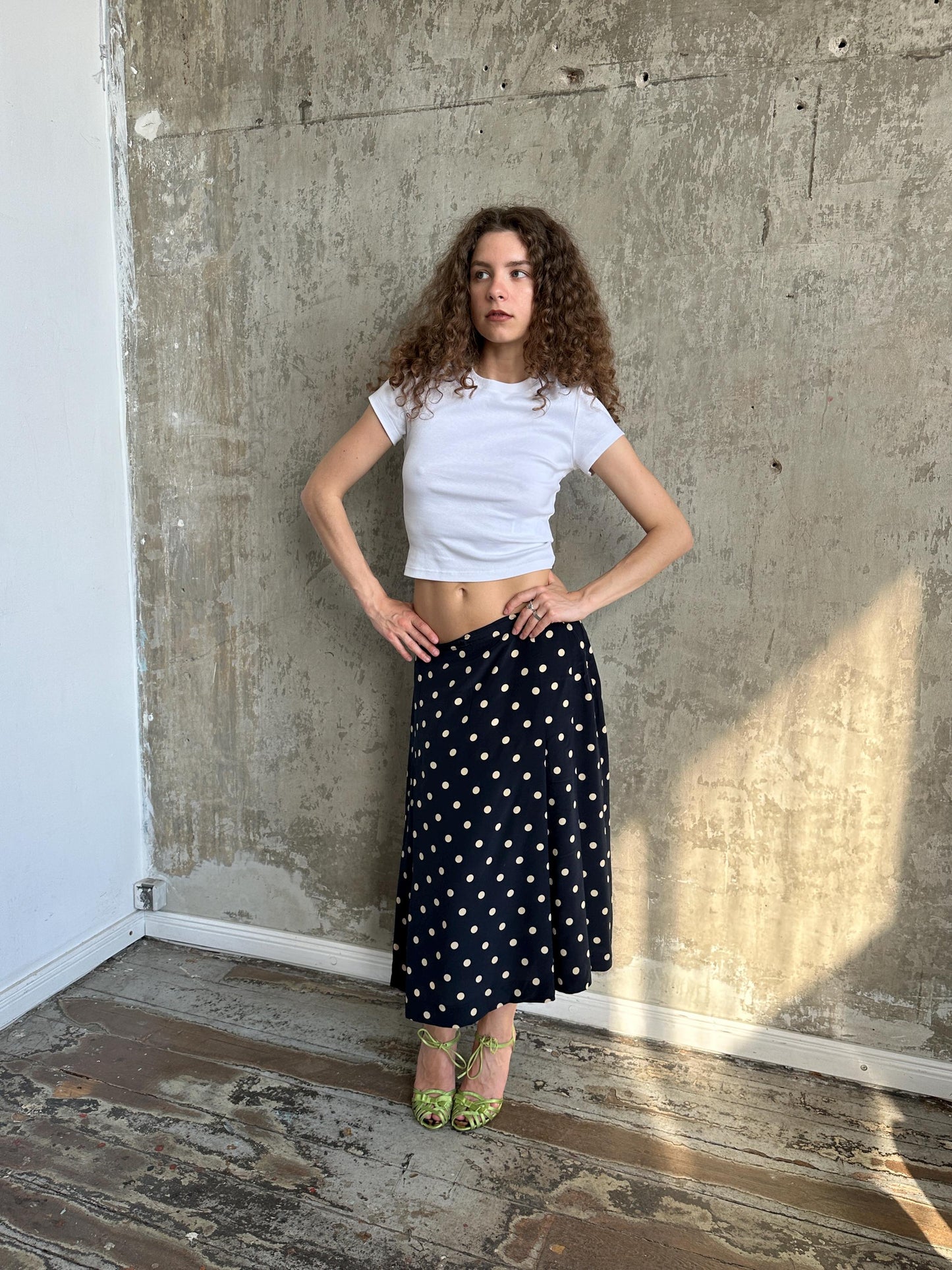 Vintage 90s Italian Silk Polka Dot Maxi Skirt in Black and White