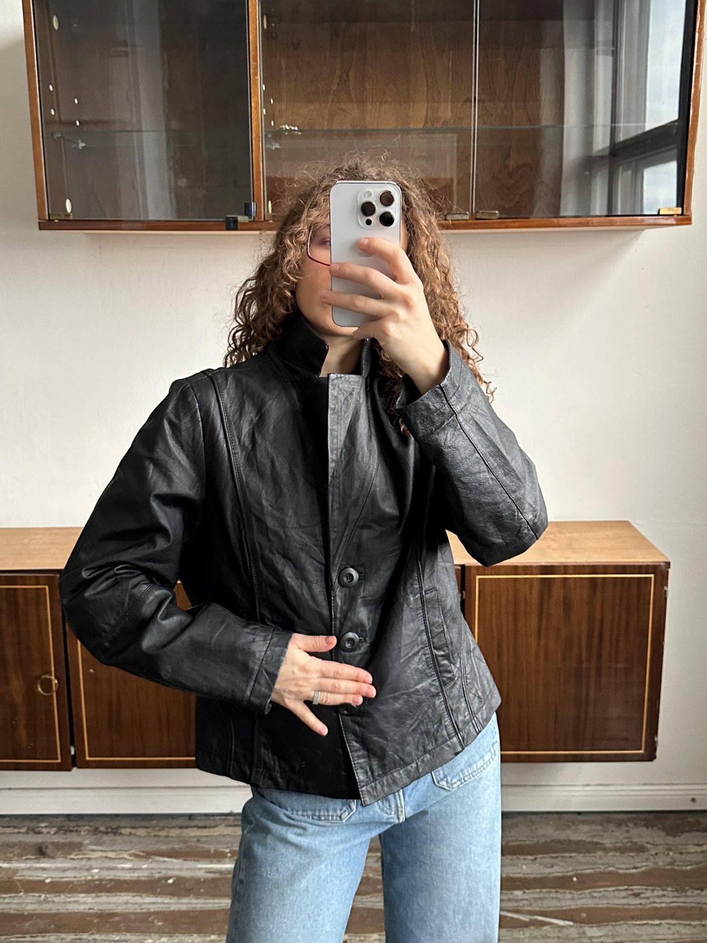 Vintage Oversized Leather Jacket In Black