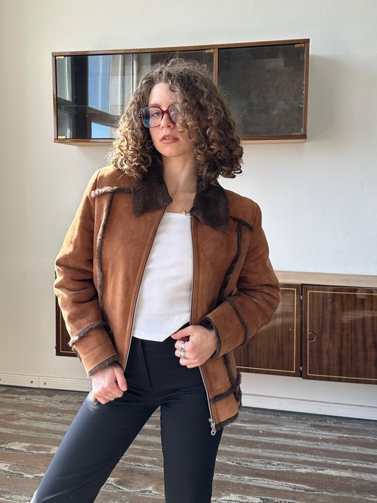 Vintage suede faux leather collar coat in brown