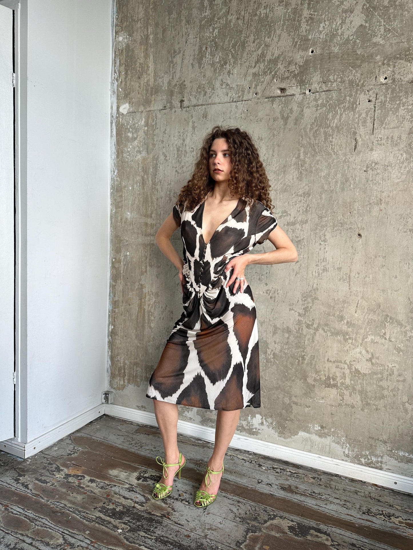 Vintage Roberto Cavalli Giraffe Print Silk Midi Dress in Brown and Cream