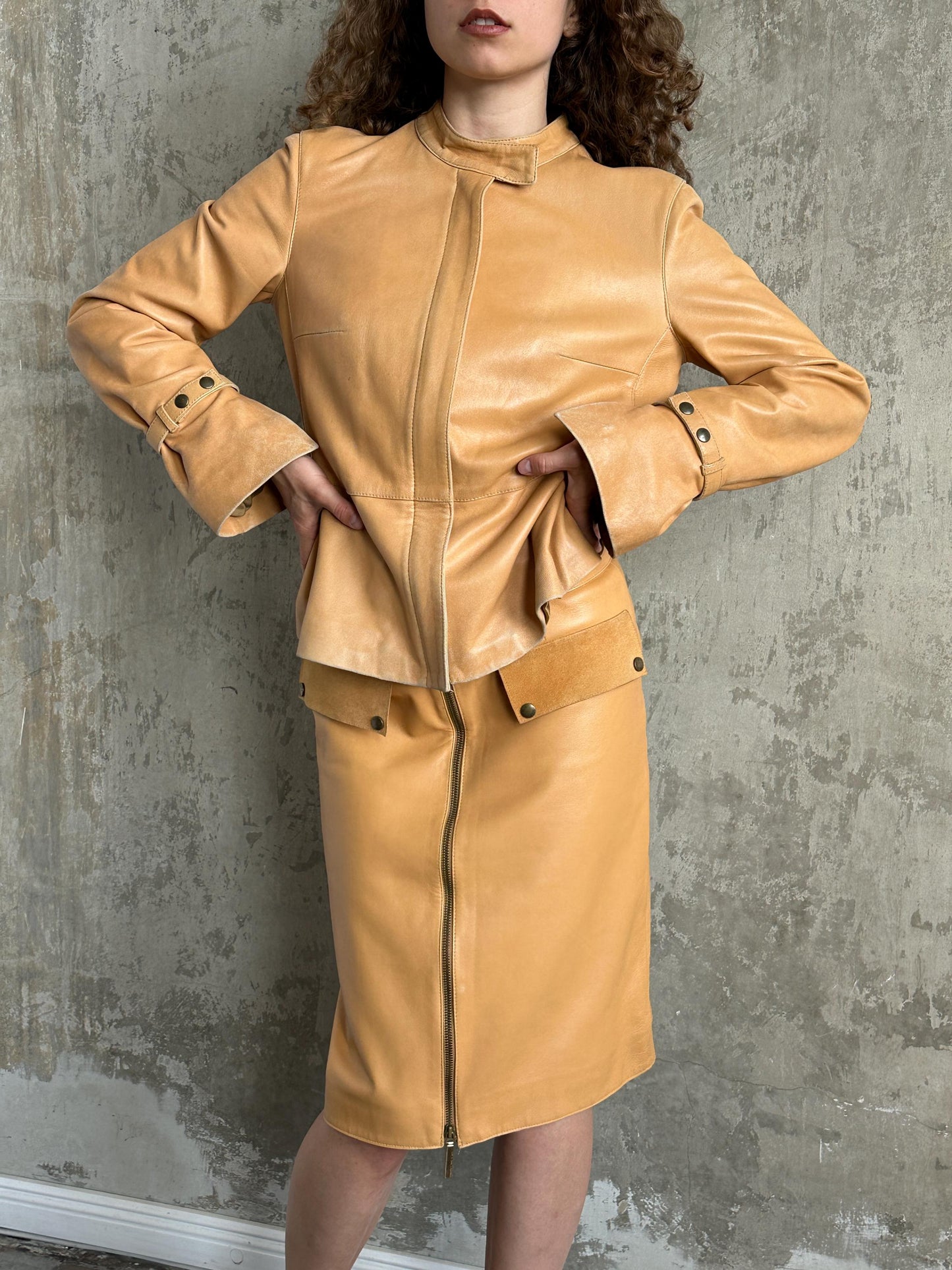Vintage 90s Camel Tan Leather Suit | Jacket & Zip Skirt Set in Brown
