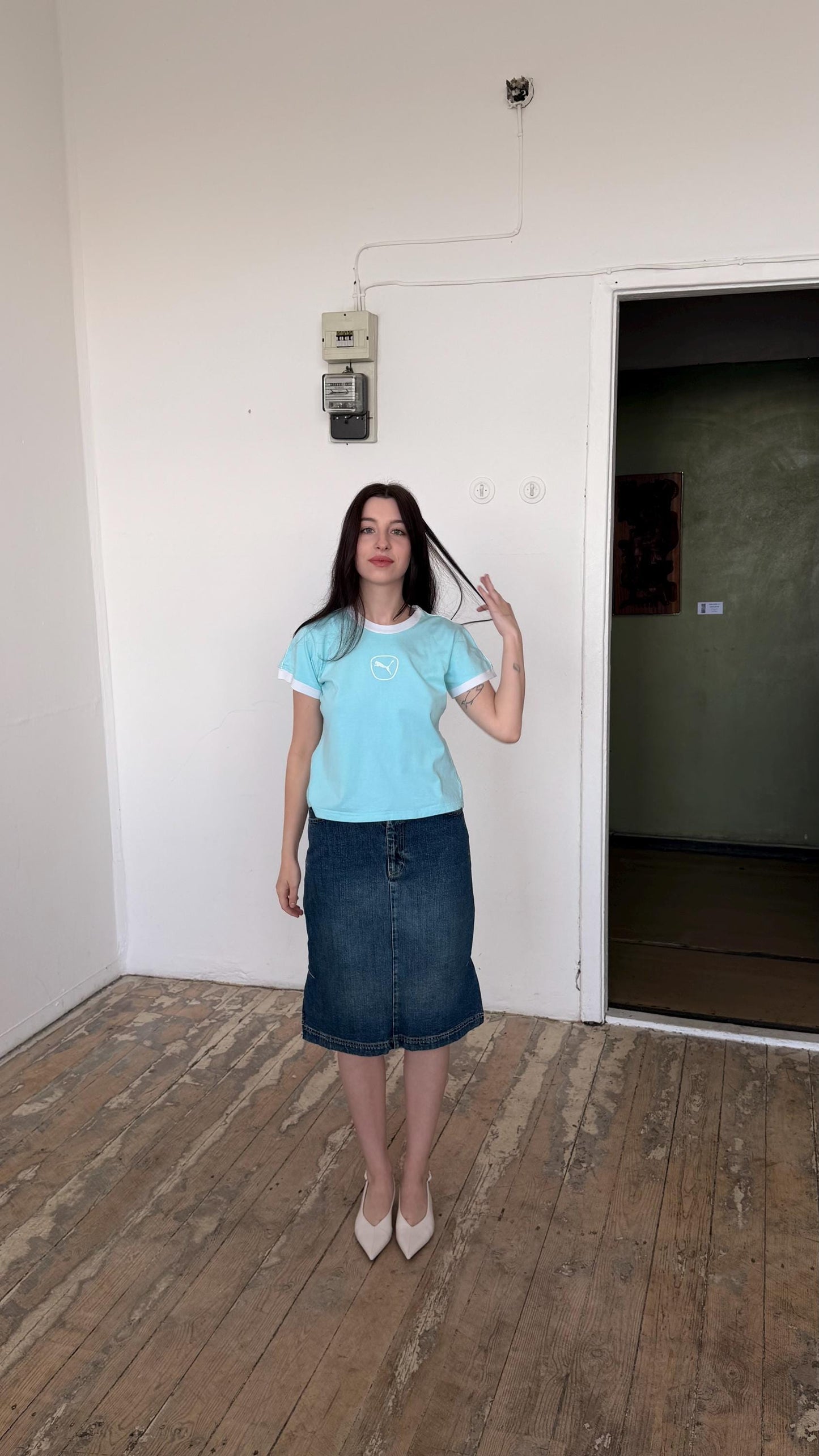 Vintage PUMA micro t-shirt in baby blue with logo