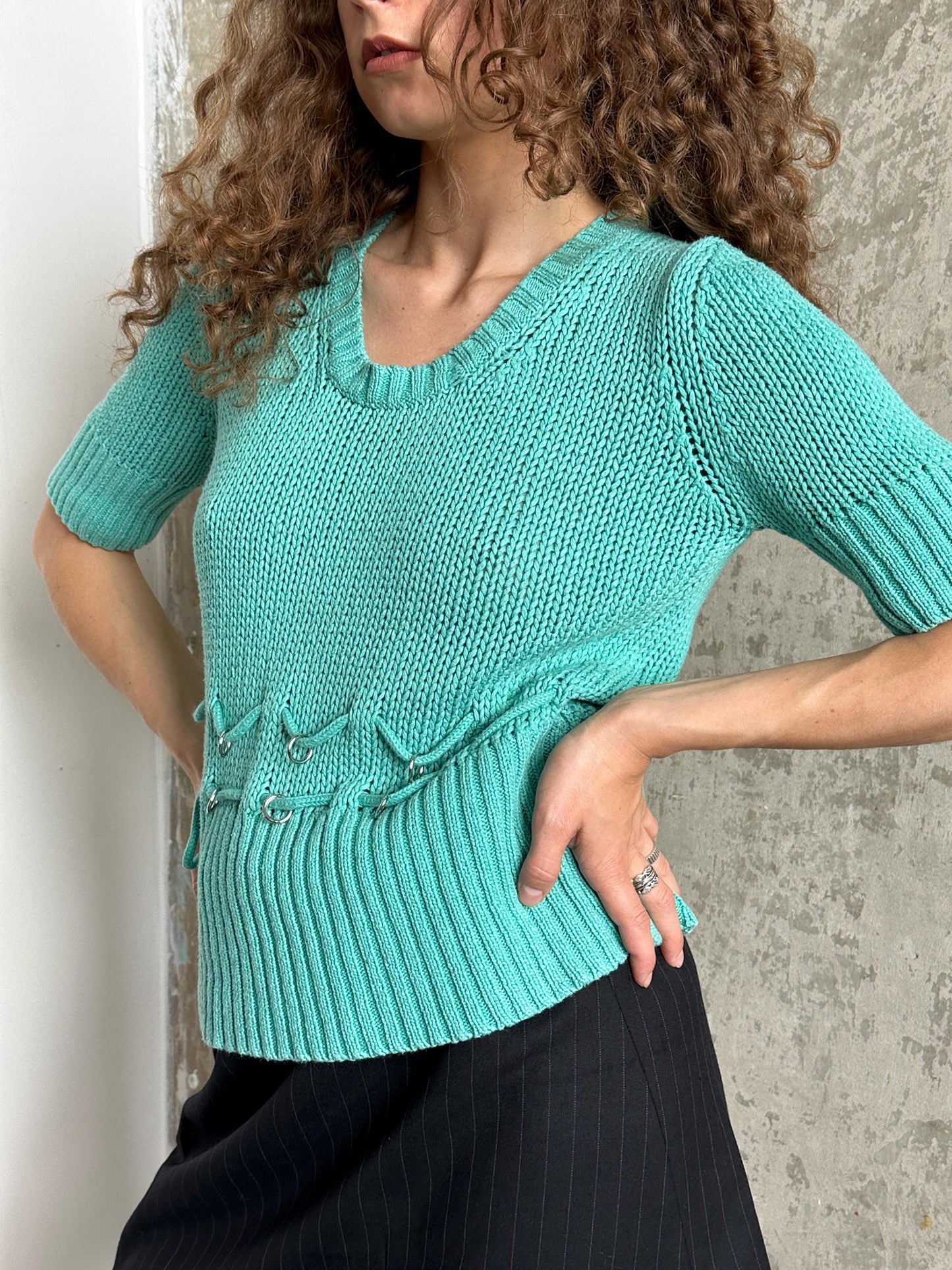 Vintage Turquoise Fitted Knit Top