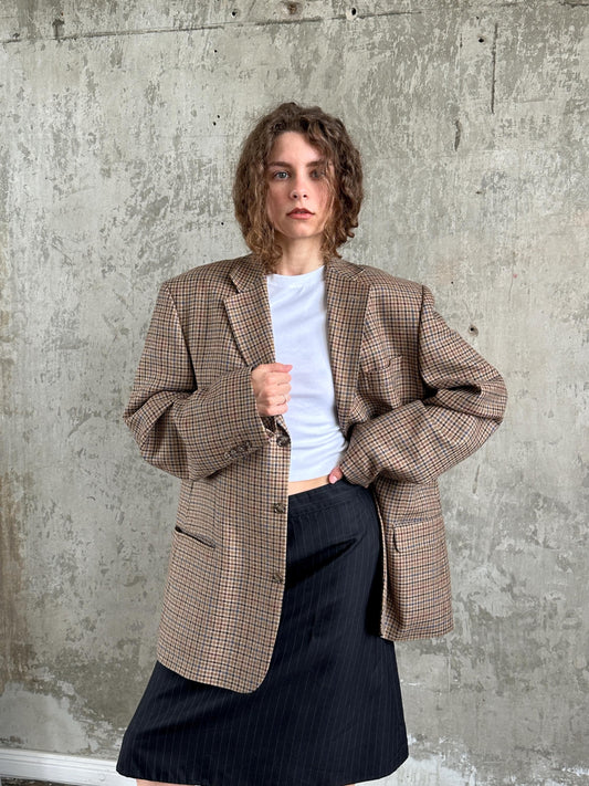 Vintage 100% Wool Oversized Houndstooth Plaid Blazer | Menswear-Inspired Tailored Jacket in Brown