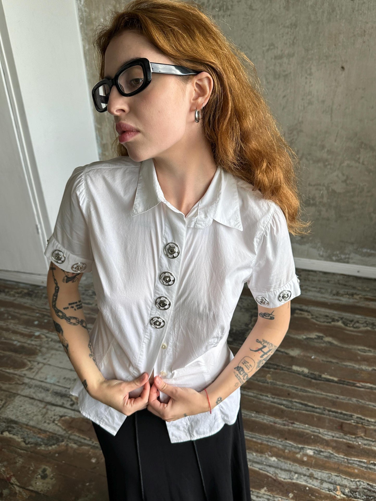 Vintage Moschino Jeans White Fitted Shirt | Silver Ring Detail Blouse