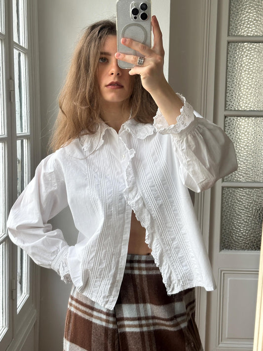 Antique French 1920s Cotton Blouse In White