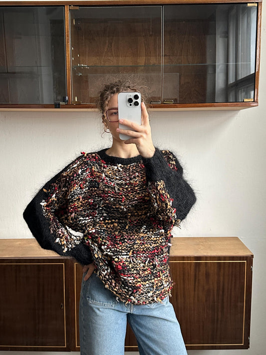 Vintage hand-knitted multi-colored yarn mohair sweater with buzzy sleeves