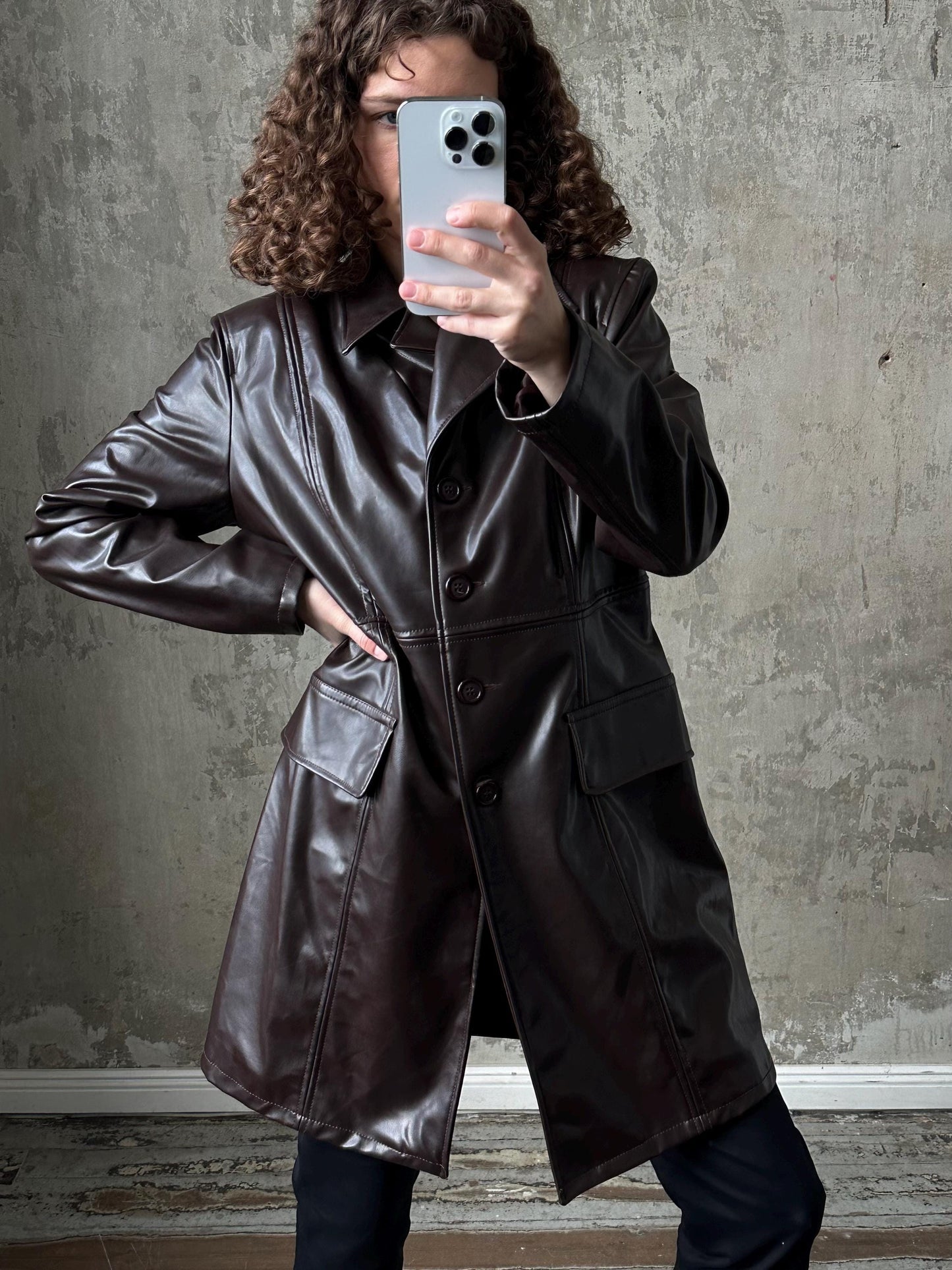 Vintage faux leather coat in dark brown