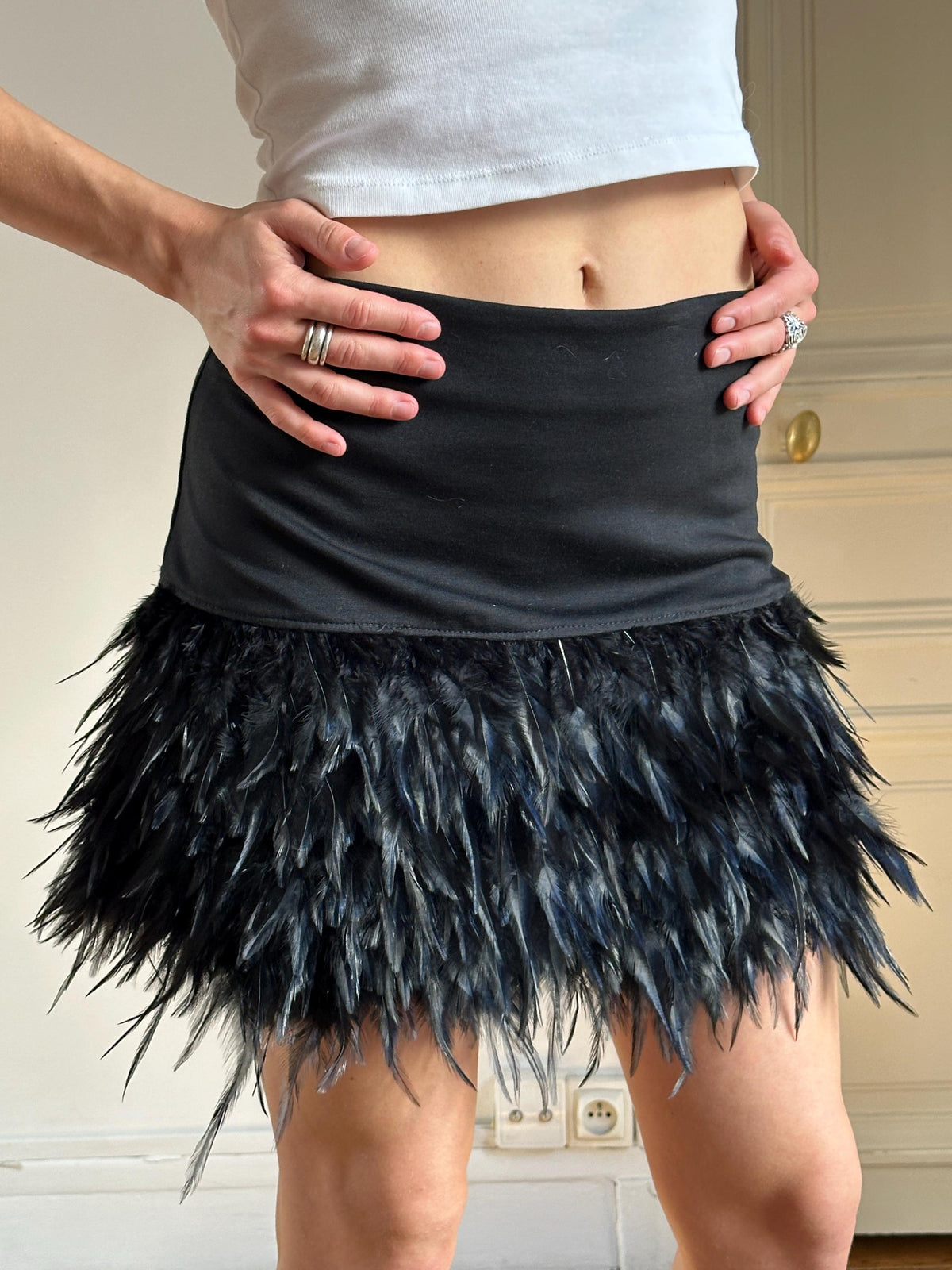 Vintage Black Feather Mini Skirt with Faux Feathers