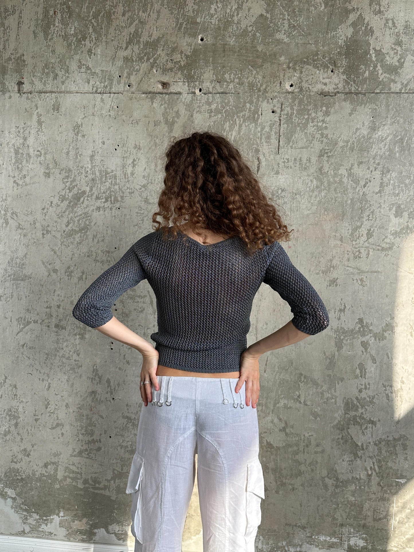 Vintage Max&Co Tricot Grey Open Mesh Knit Top | Sheer Crochet Net Top