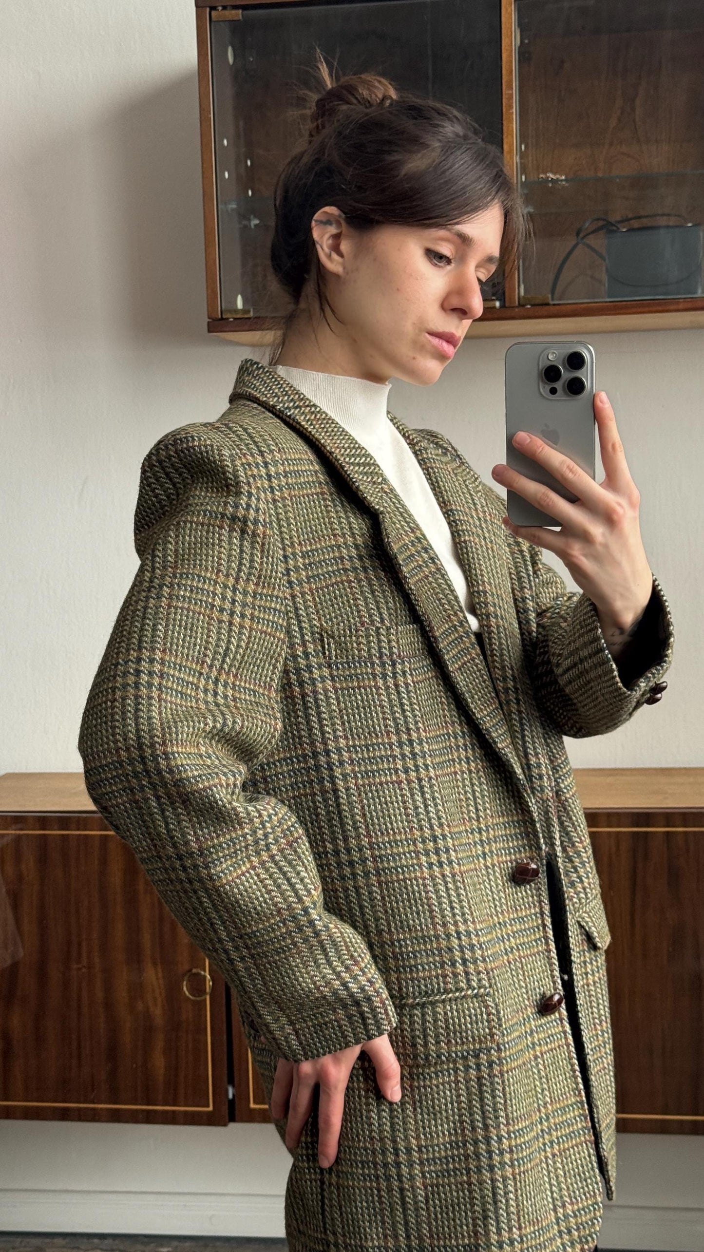 Vintage 90s Wool Classic Checked Blazer In Green