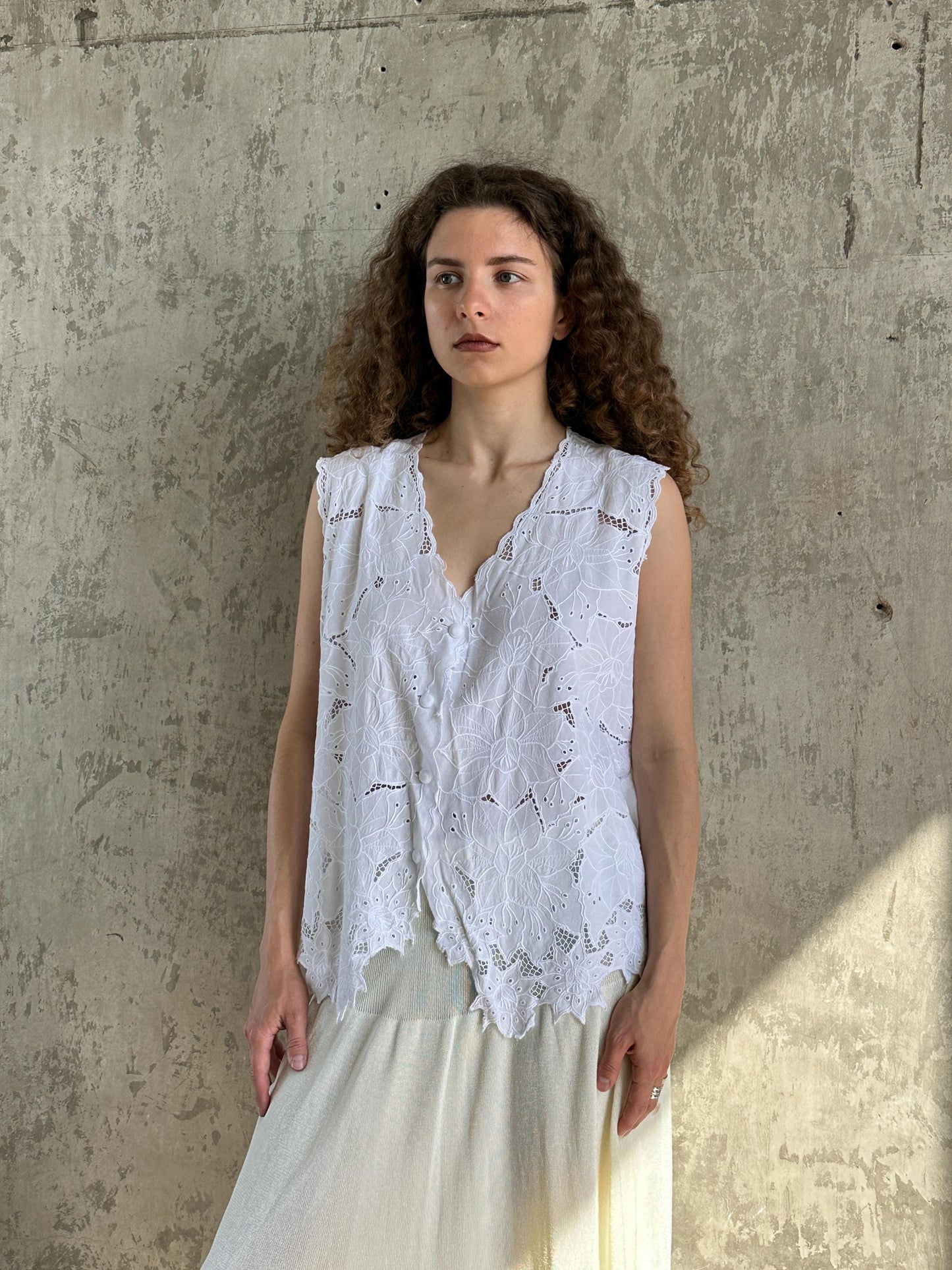 Vintage White Cotton Cutwork Floral Lace Top