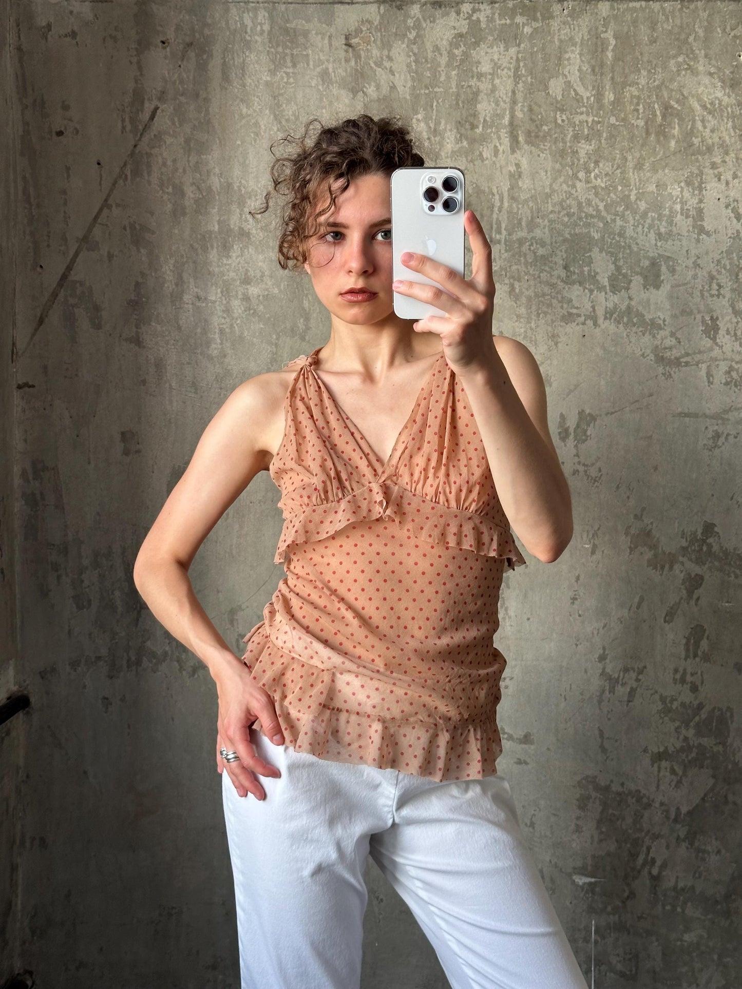 Vintage 00s Liu Jo polka dot sleeveless top in beige