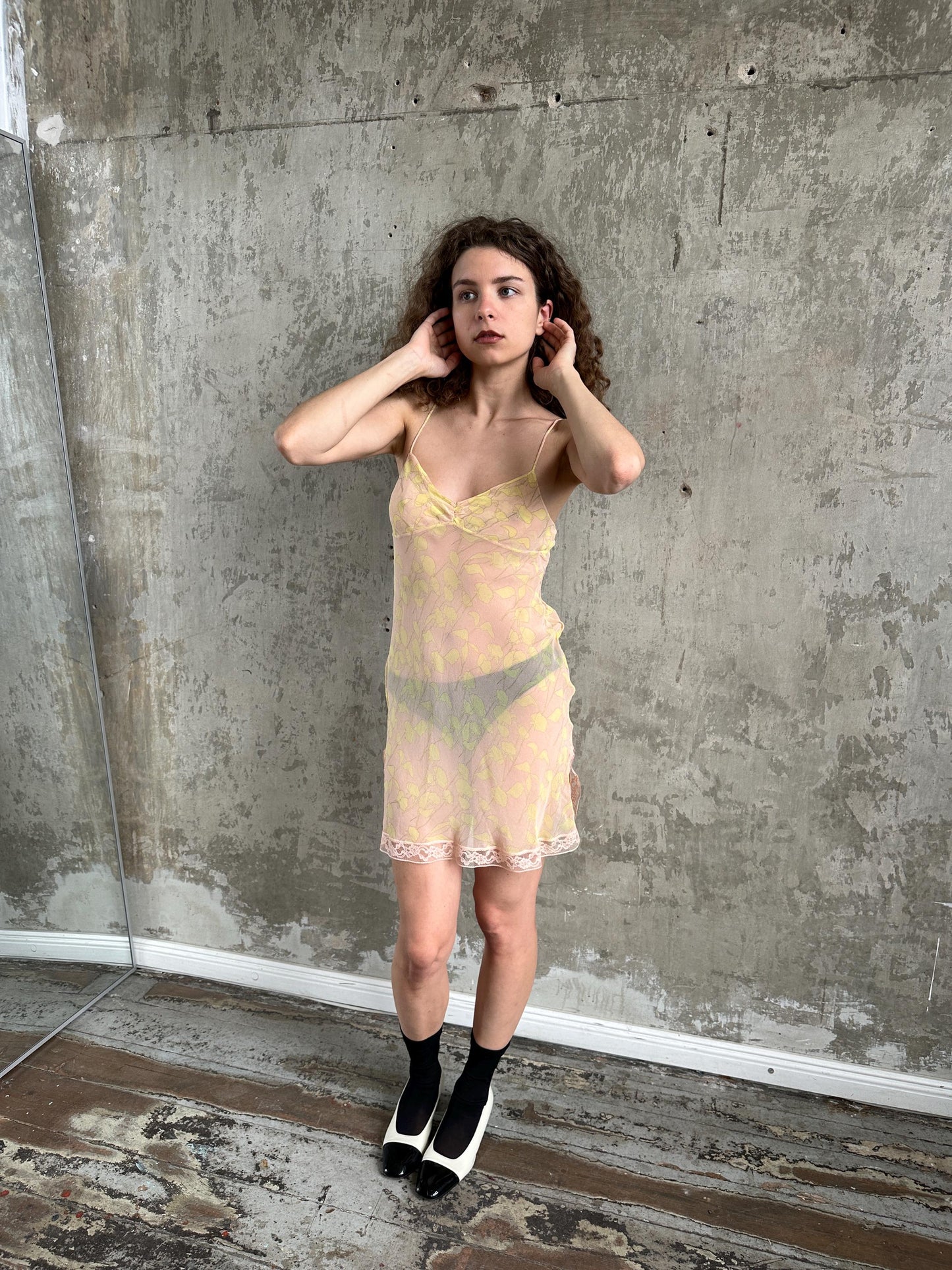 Vintage Calvin Klein Pure Silk Floral Slip Dress in Pink and Yellow