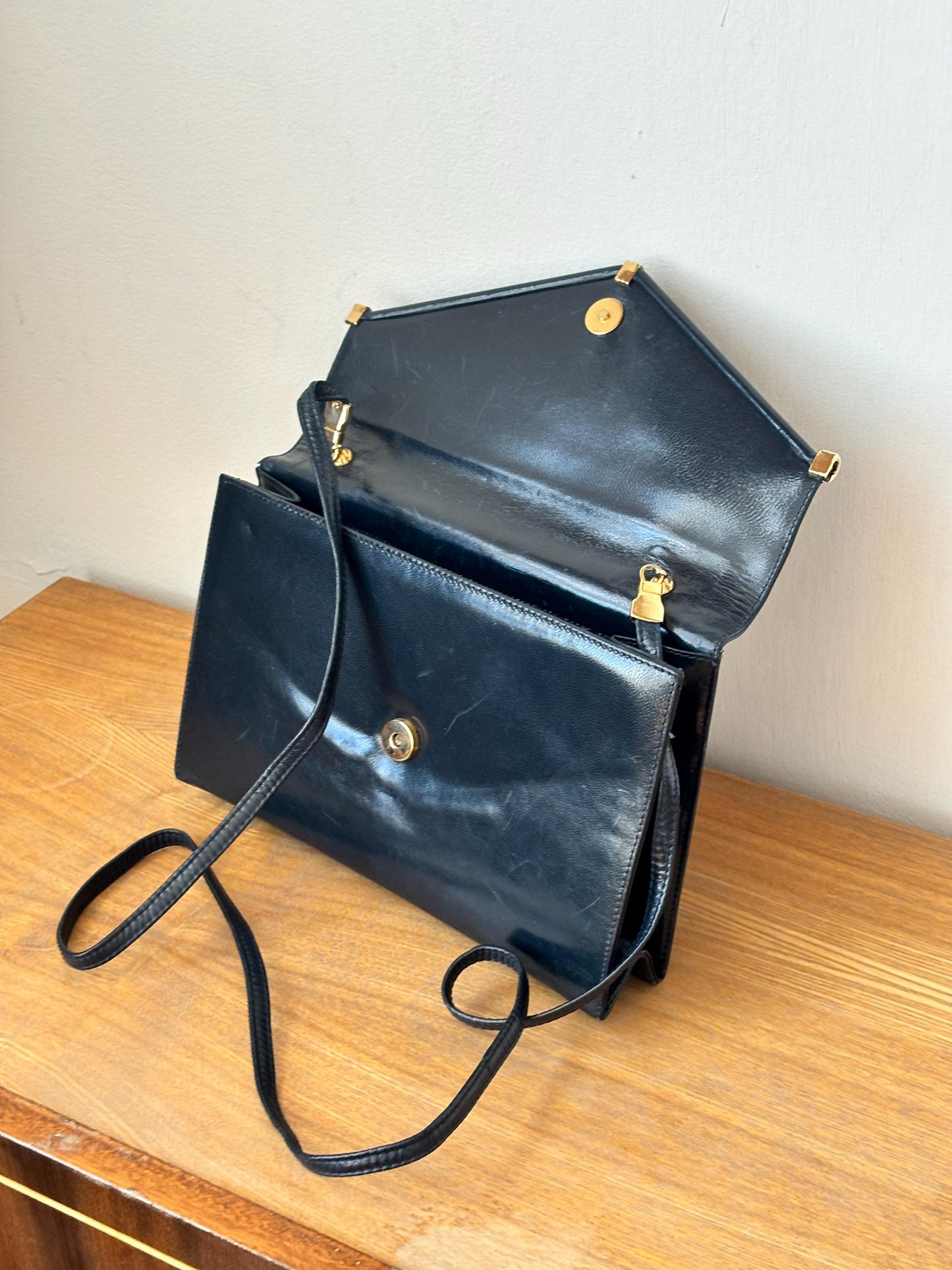 Vintage 90s Structured Envelope Faux Leather Bag In Blue
