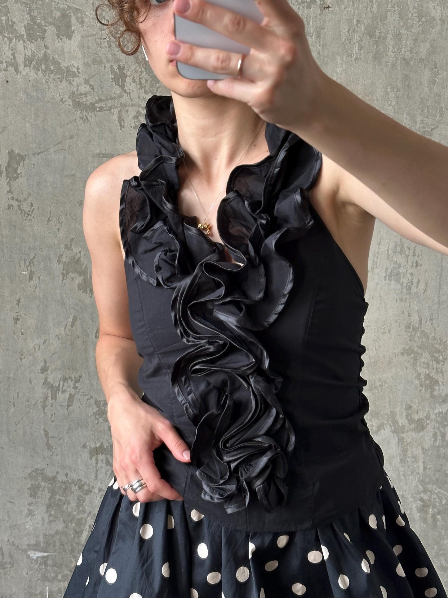 Vintage tube halter top in black with floral detail