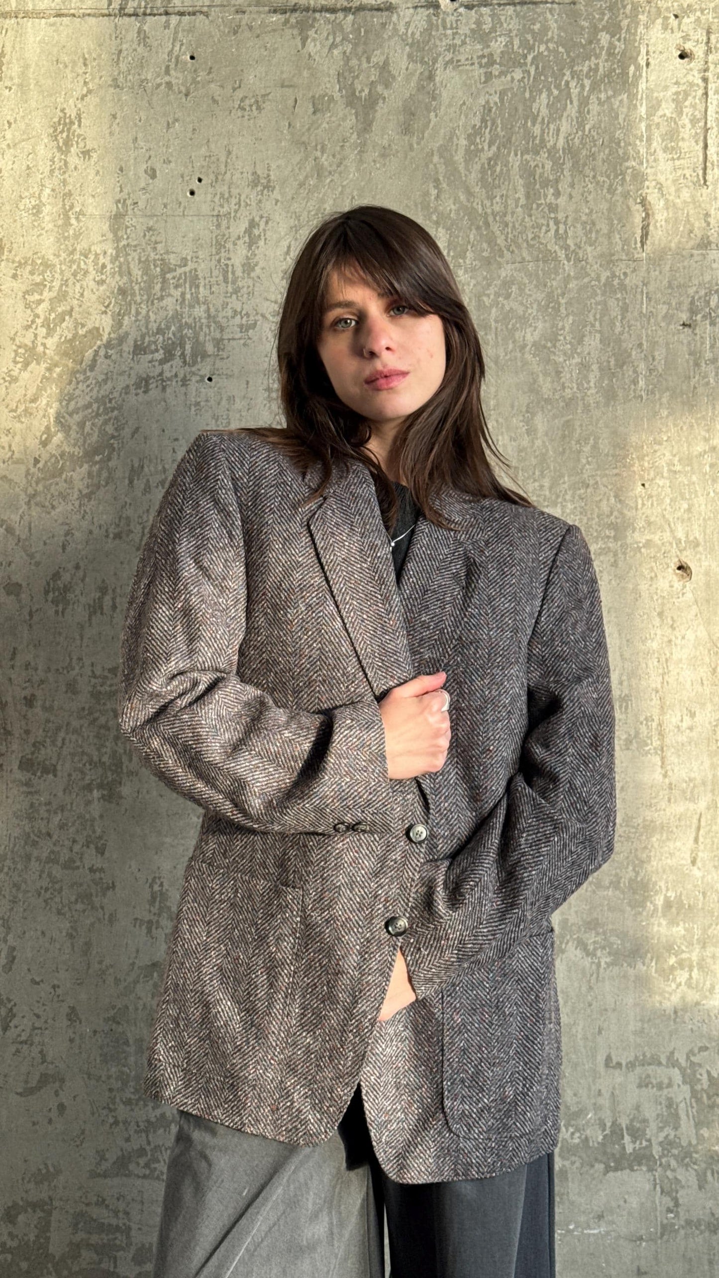 Vintage 90s Classic Herringbone Wool Blazer In Grey