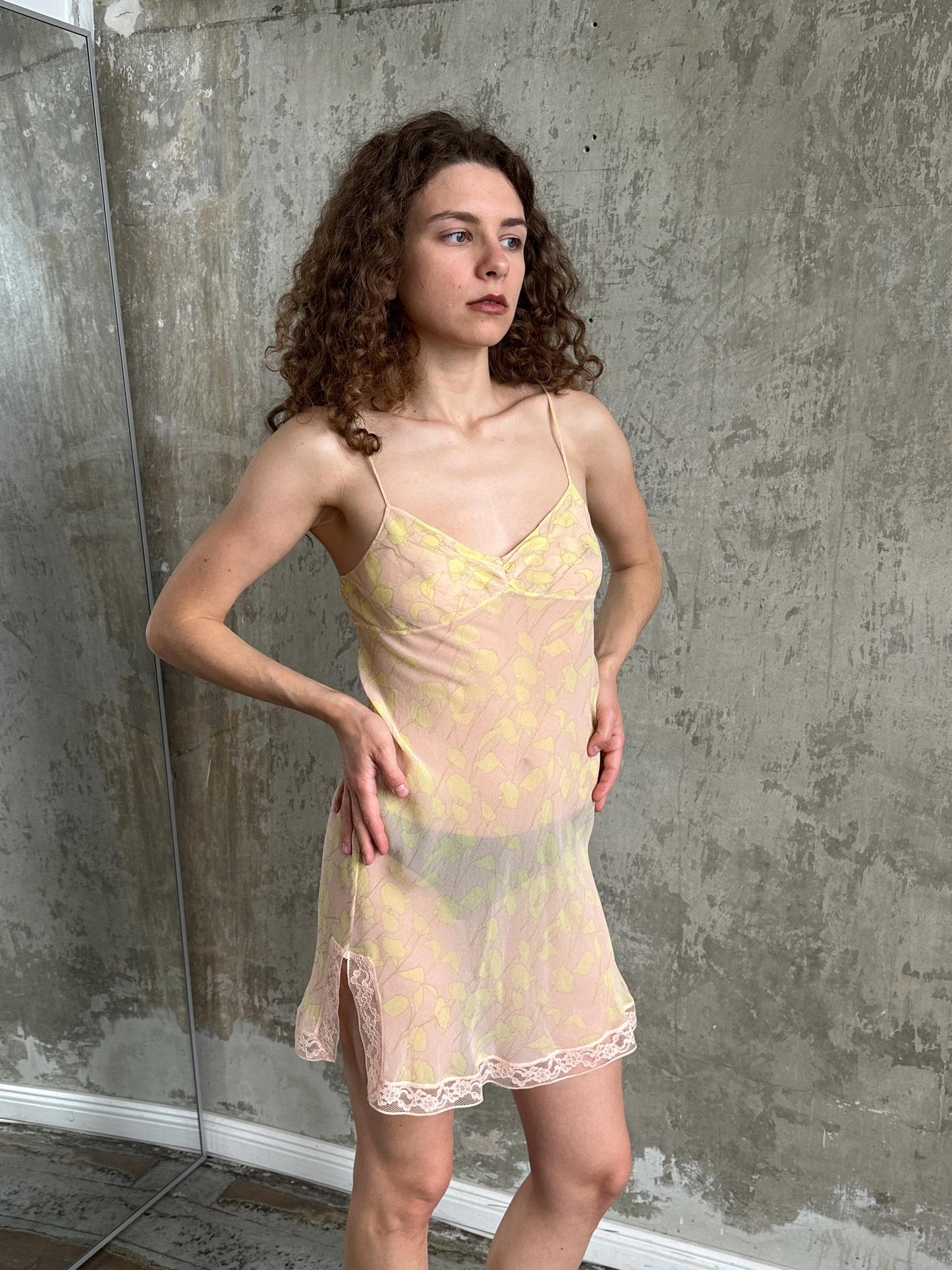 Vintage Calvin Klein Pure Silk Floral Slip Dress in Pink and Yellow