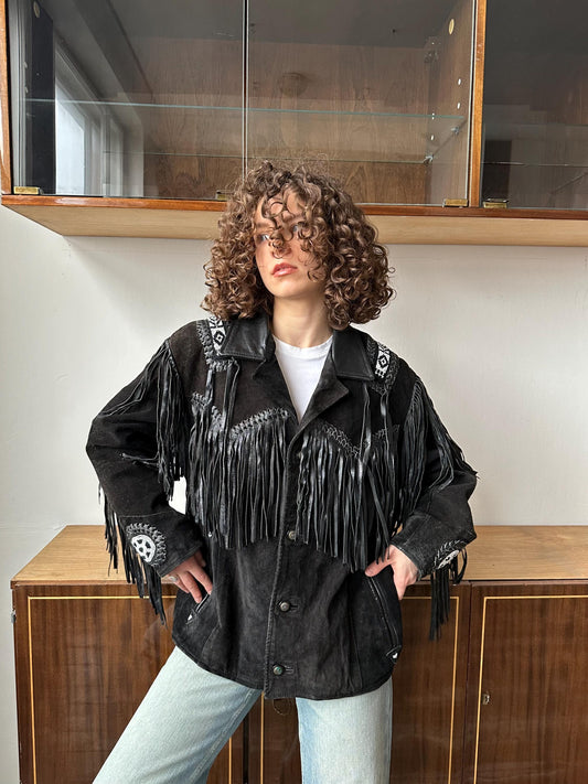 Vintage massive leather motorcycle jacket with fringe in black
