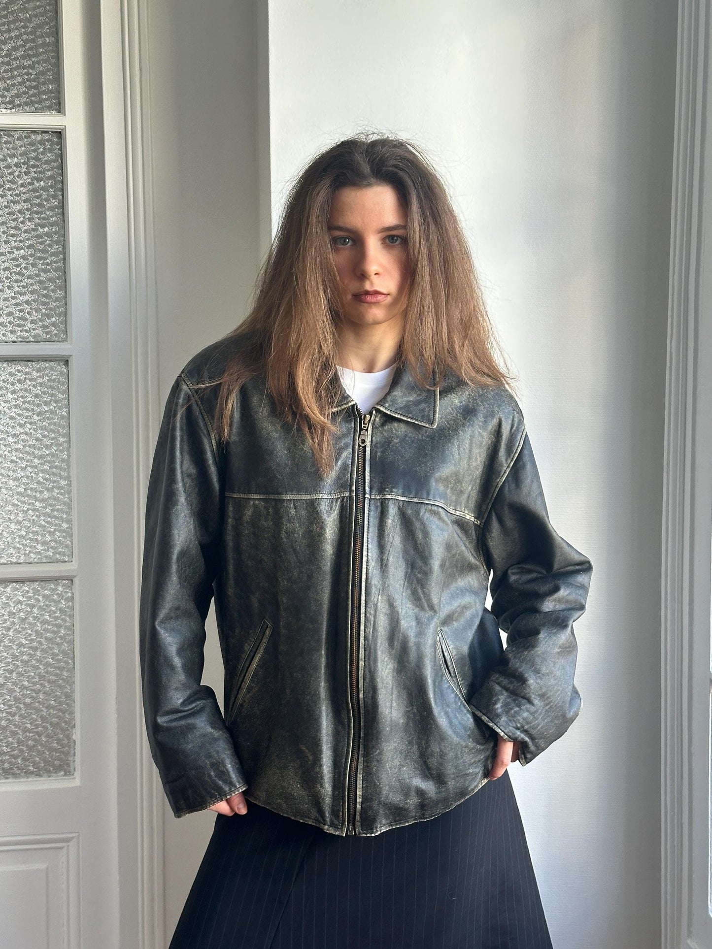 Vintage Distressed Leather Bomber Jacket in Black