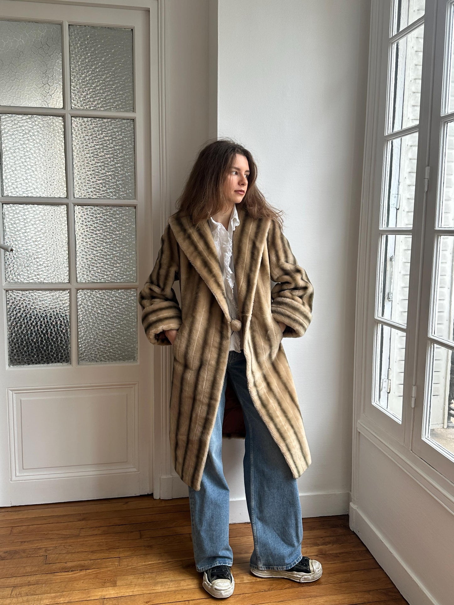 Vintage 60s Faux Fur Coat: Striped, Pom-Pom Closure, Midi Length, British Nylon
