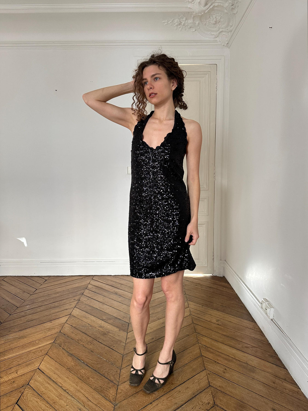 Vintage Moschino Cheap and Chic Black Sequin Open Back Party Dress I US 6
