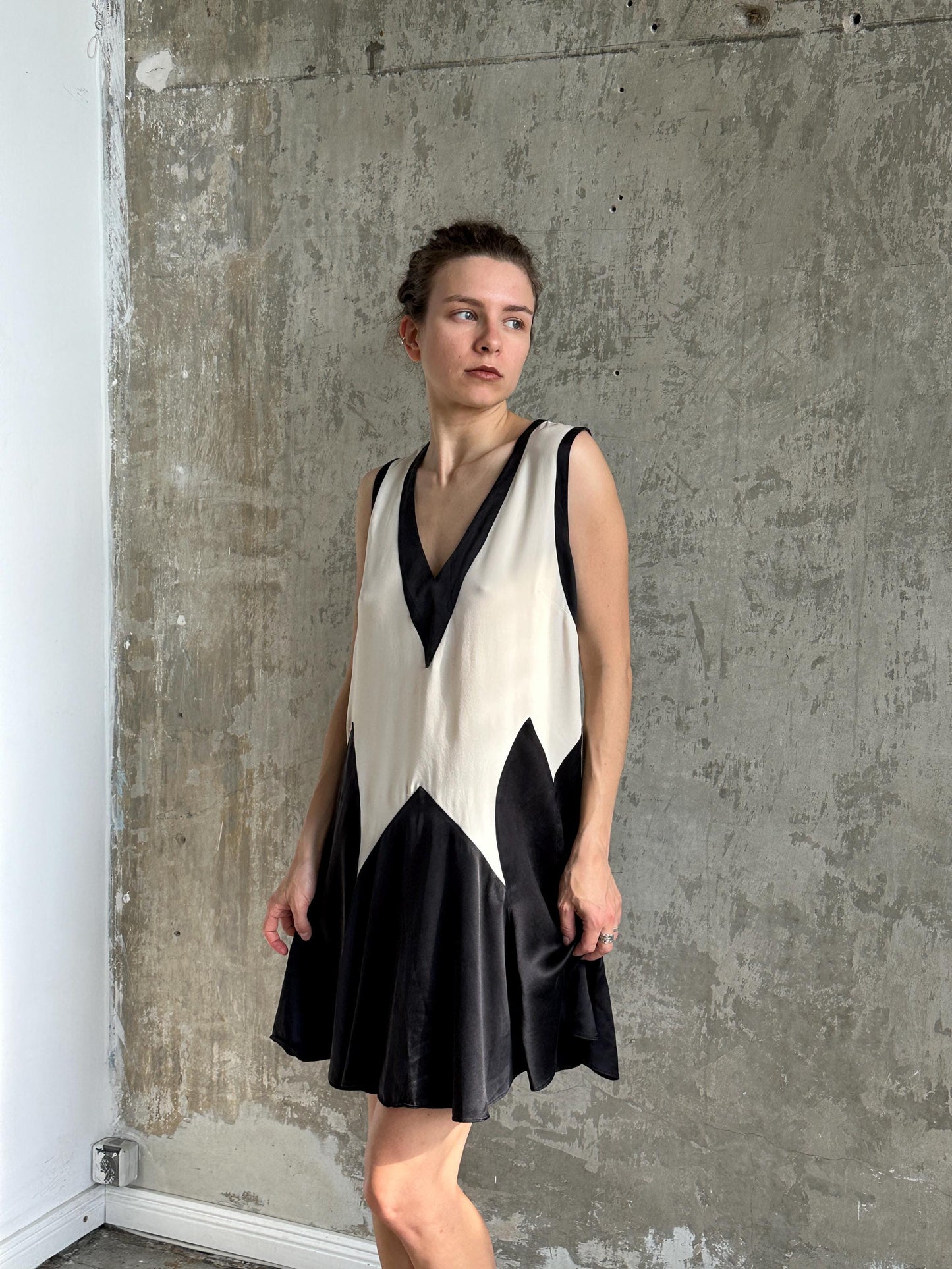 Vintage Marc by Marc Jacobs Silk Mini Dress | Black & Ivory Geometric Dress
