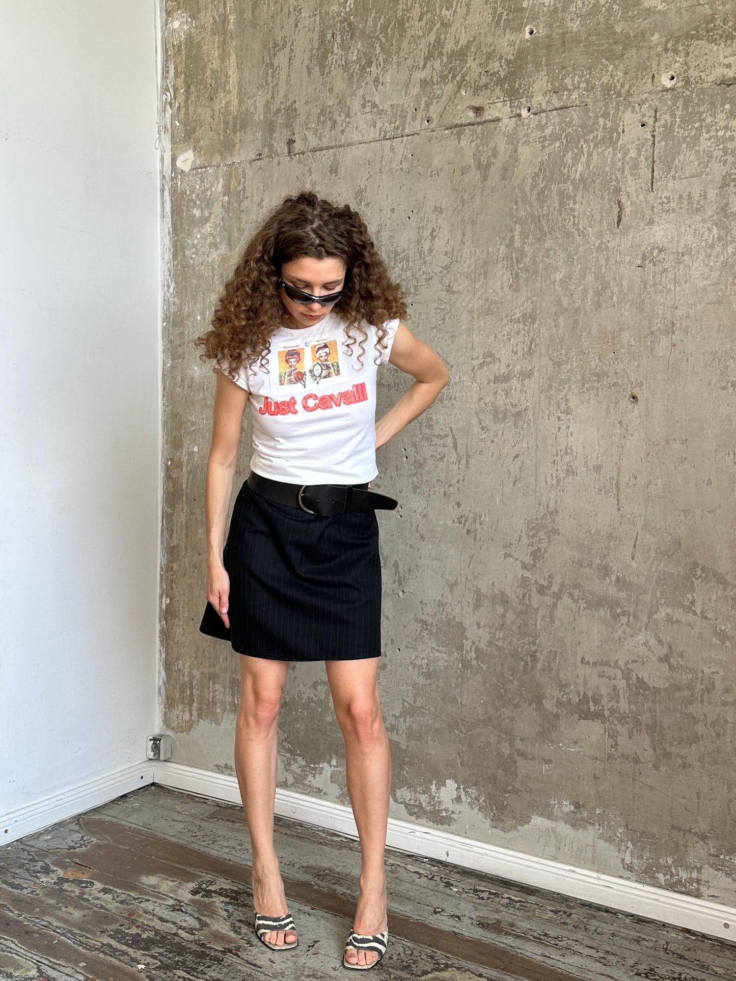 Vintage Just Cavalli White Graphic Baby Tee | Y2K Cotton Micro T-Shirt