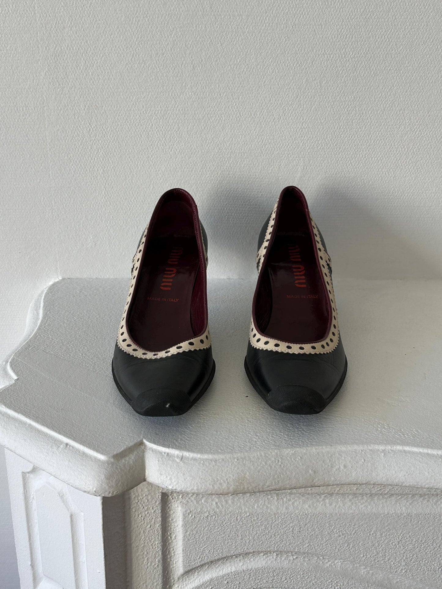 Miu Miu Black & Cream Perforated Leather Kitten Heel Pumps I US 6.5