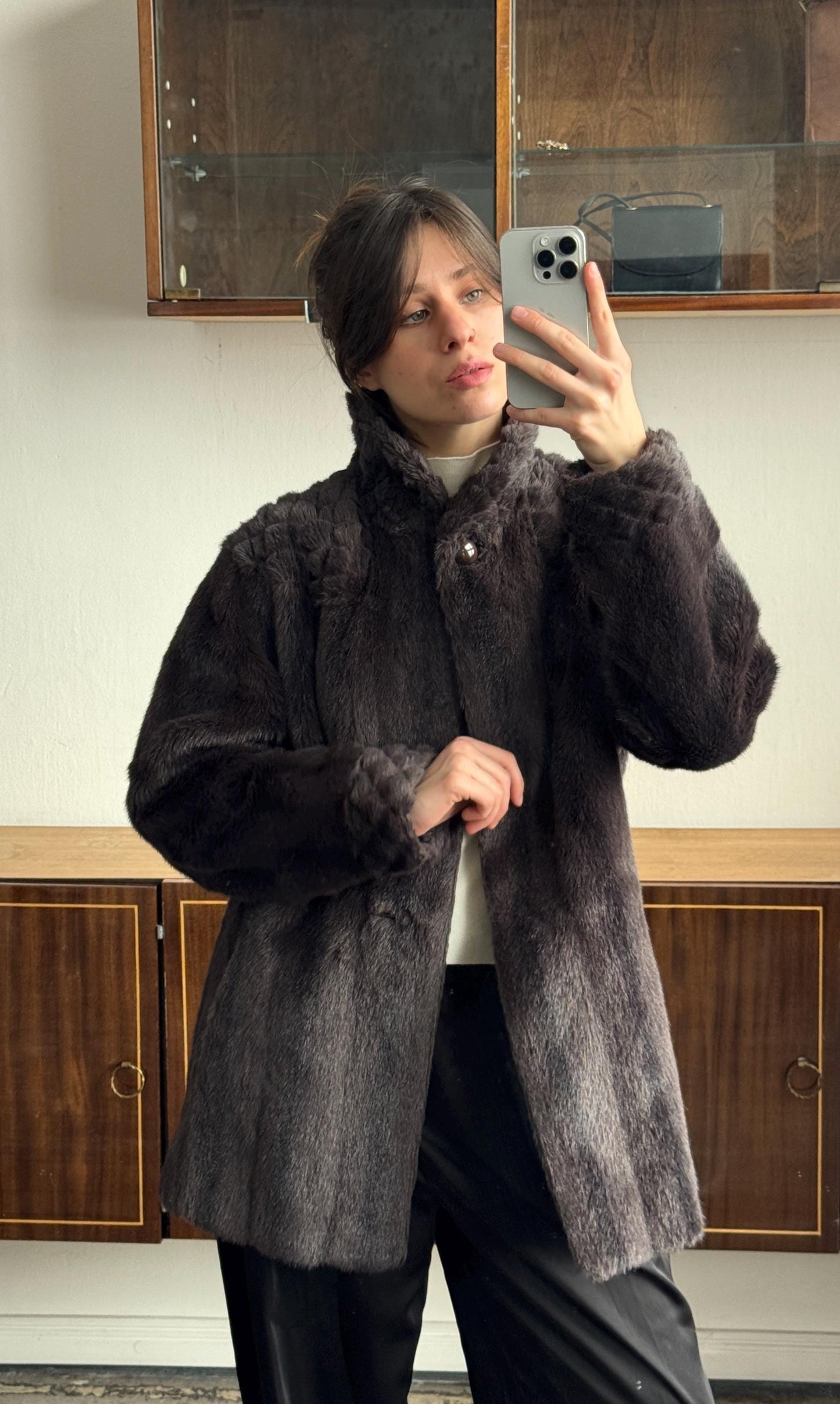 Vintage 90s Oversized Faux-Fur Mini Coat In Brown
