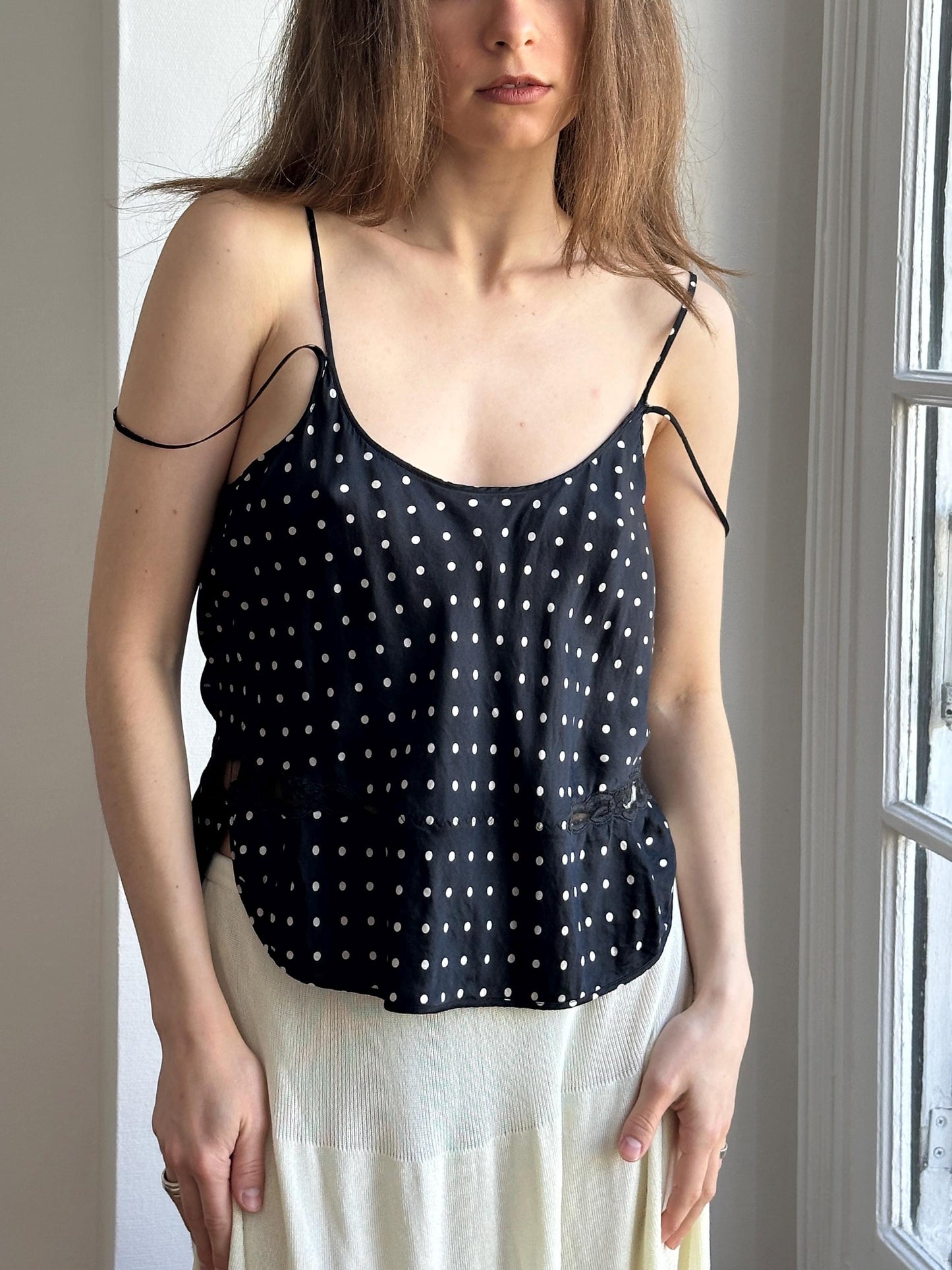 Vintage Pure Silk Polka Dot Nightie Top in Black