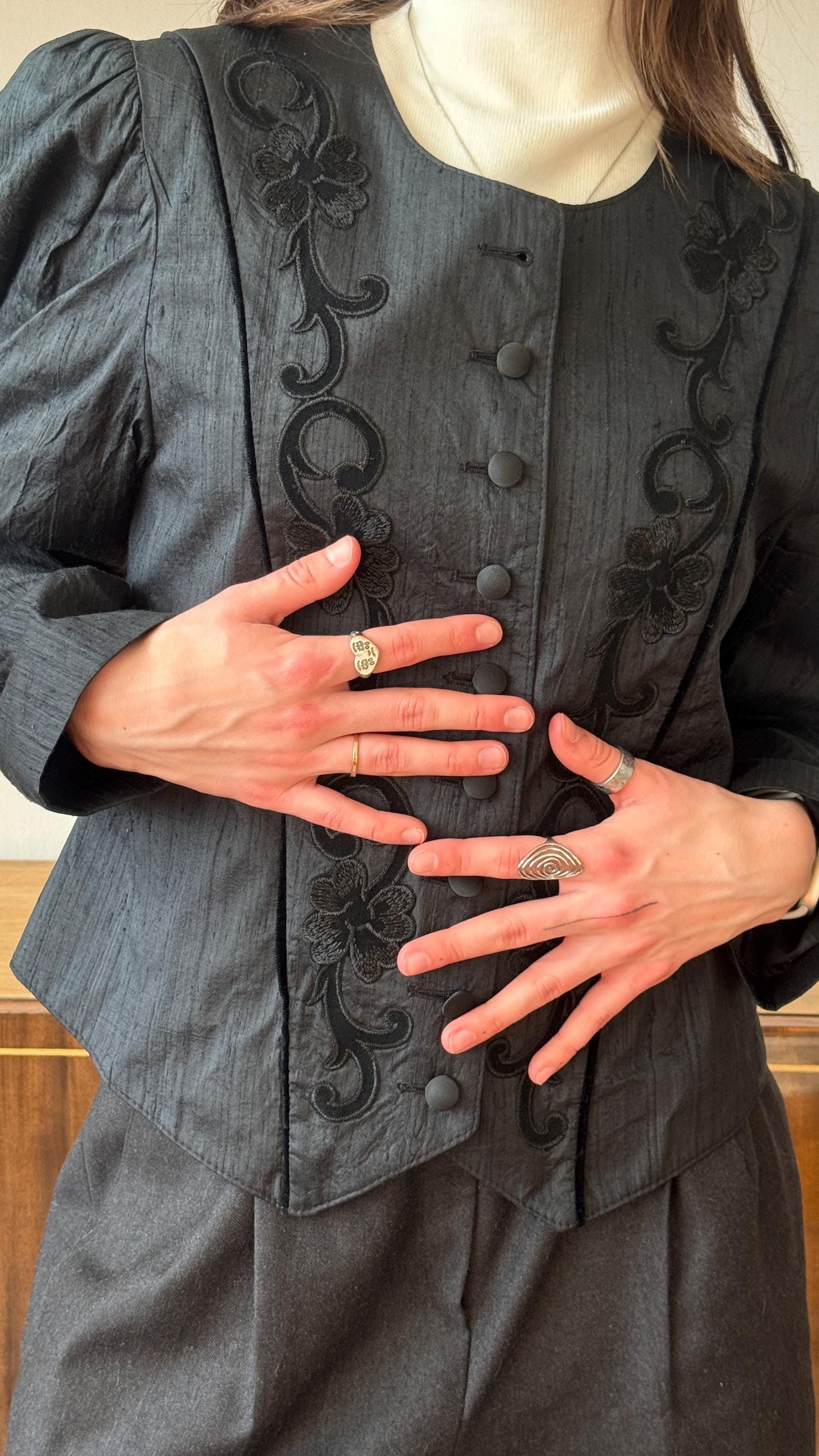 Vintage Victorian-Inspired Embroidered Blouse in Black