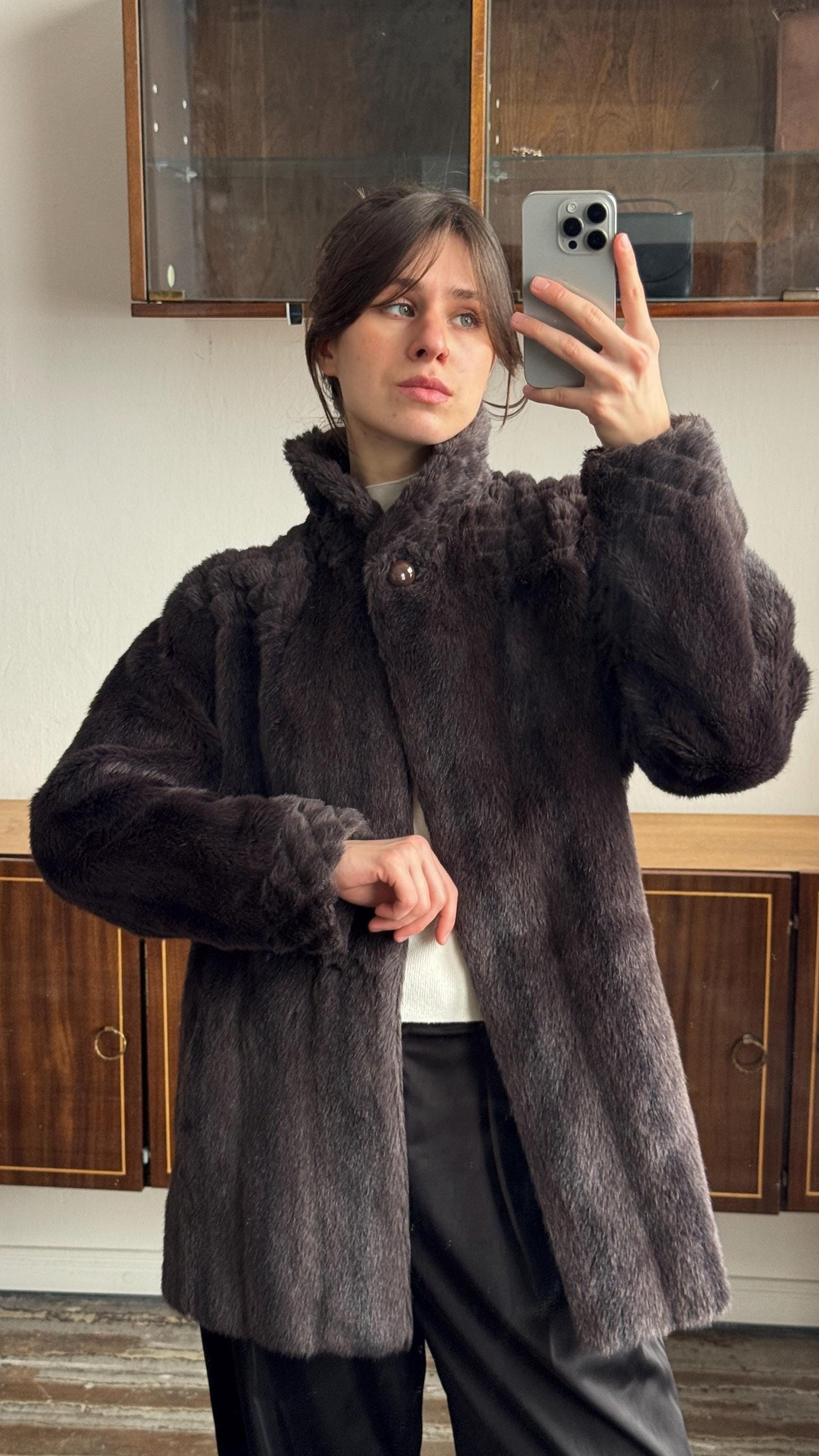 Vintage 90s Oversized Faux-Fur Mini Coat In Brown
