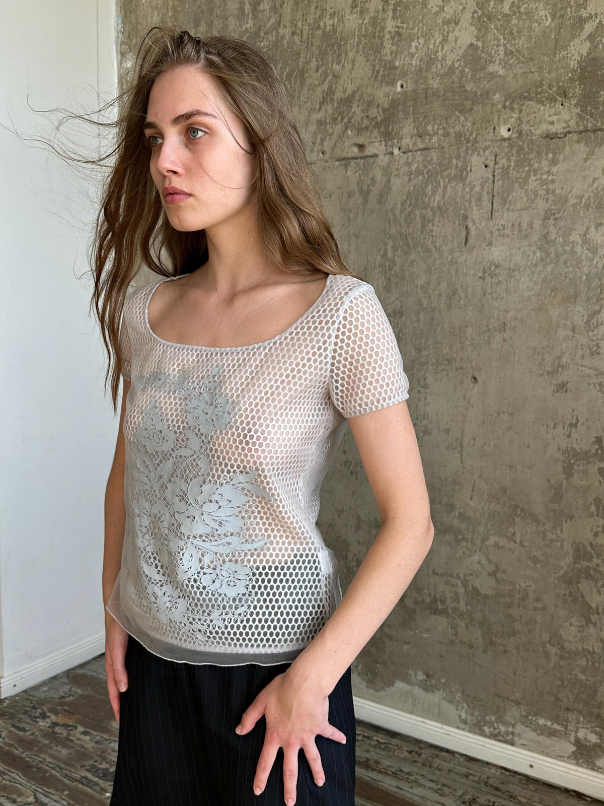 Vintage Cavalli Jeans Grey Mesh Top | Sheer Fishnet T-Shirt