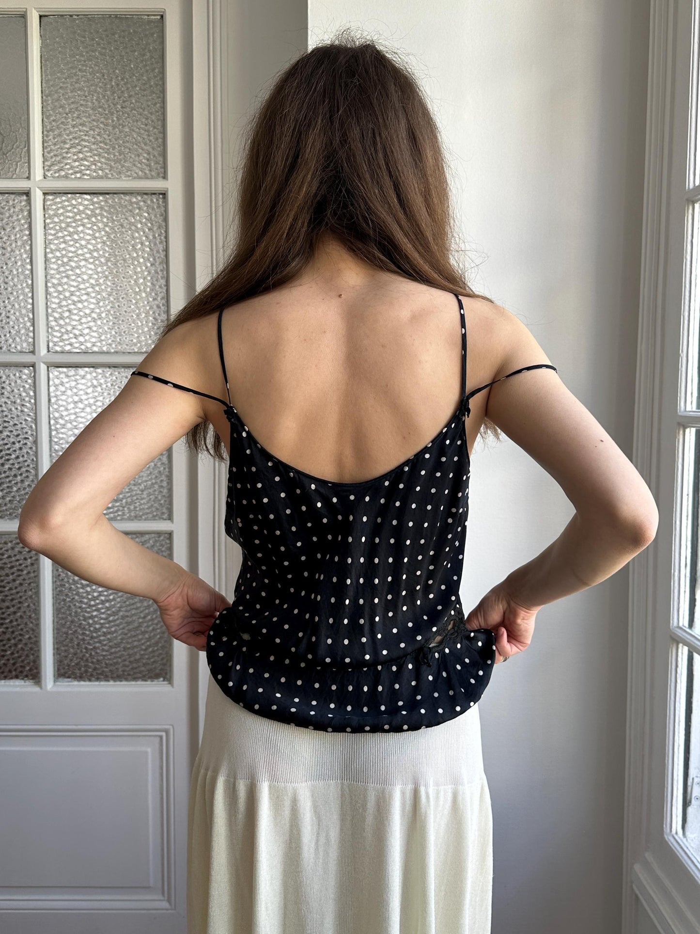 Vintage Pure Silk Polka Dot Nightie Top in Black