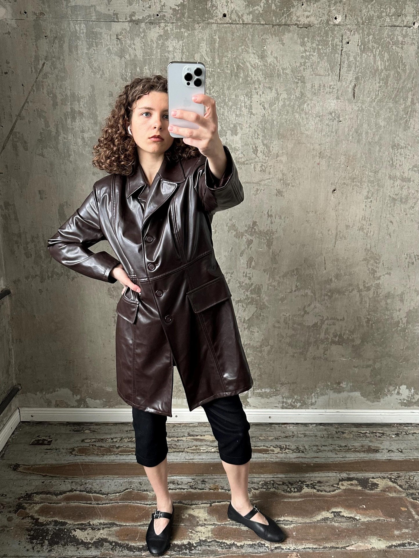 Vintage faux leather coat in dark brown