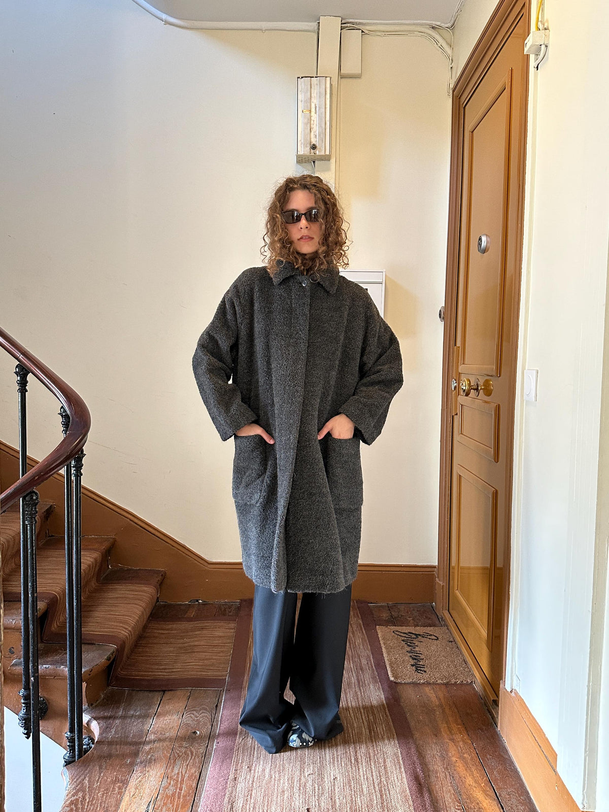 Vintage Max Mara Alpaca Wool Boucle Coat in Grey