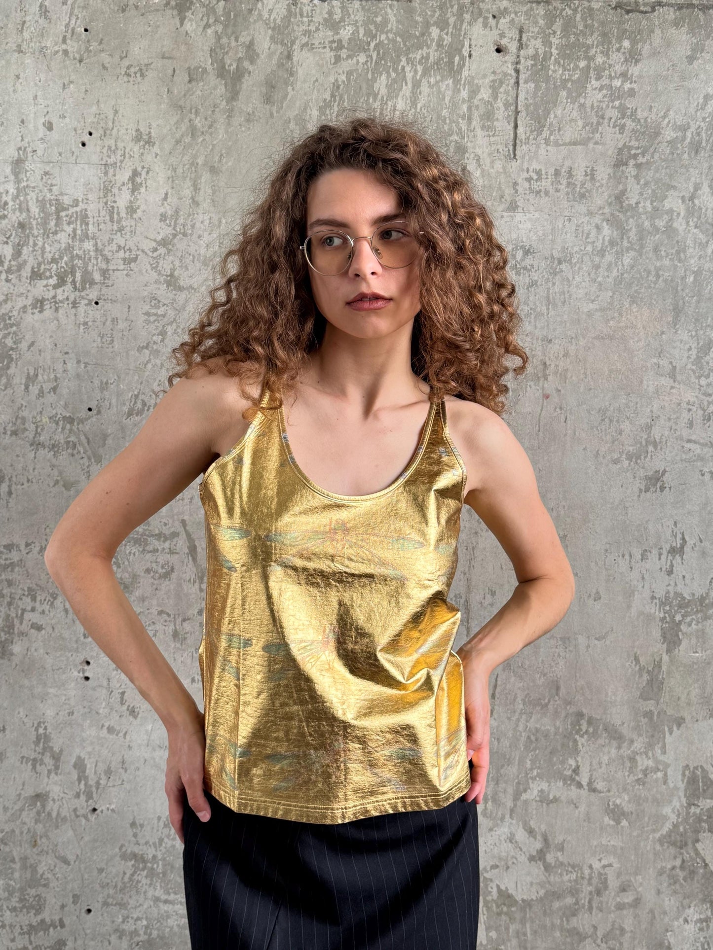 Vintage Just Cavalli Gold Metallic Tank Top, Y2K Italian Designer Clubwear Camisole
