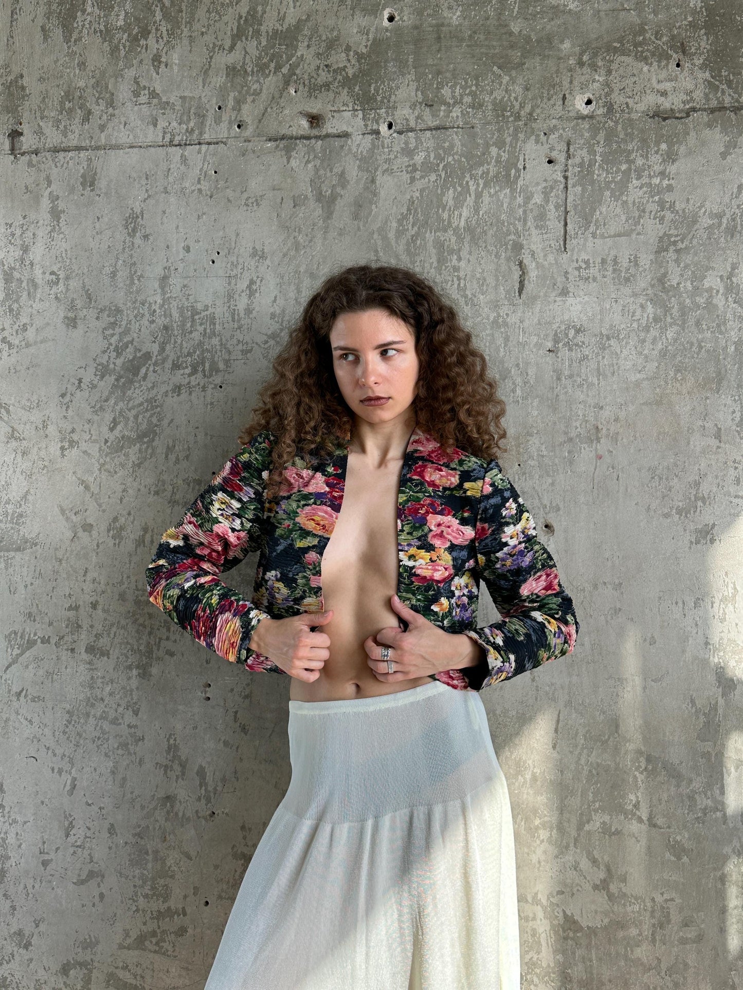 Vintage Max Mara Floral Pleated Bolero Jacket in Green and Pink